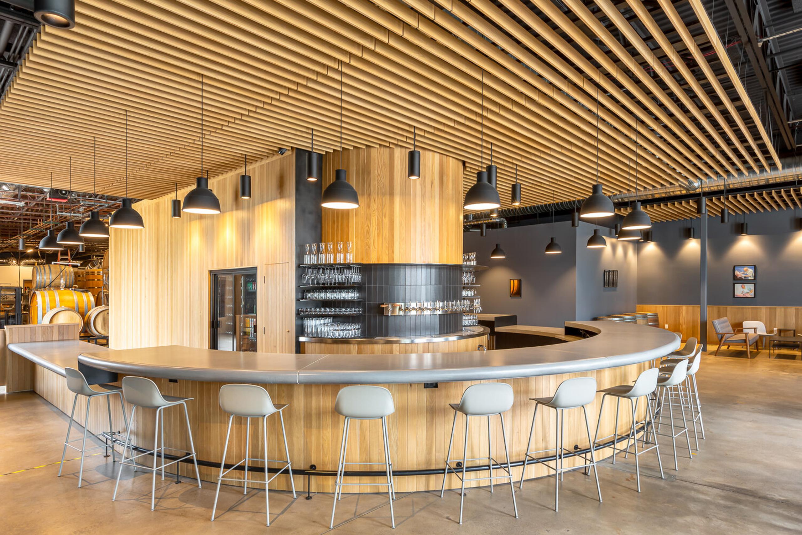Interior view of modern wood bar at Wild Provisions Beer Project