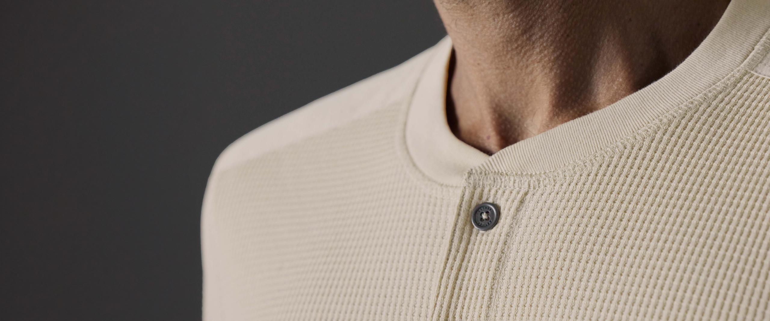 Closeup shoulder and chest detail of Milford Waffle Henley