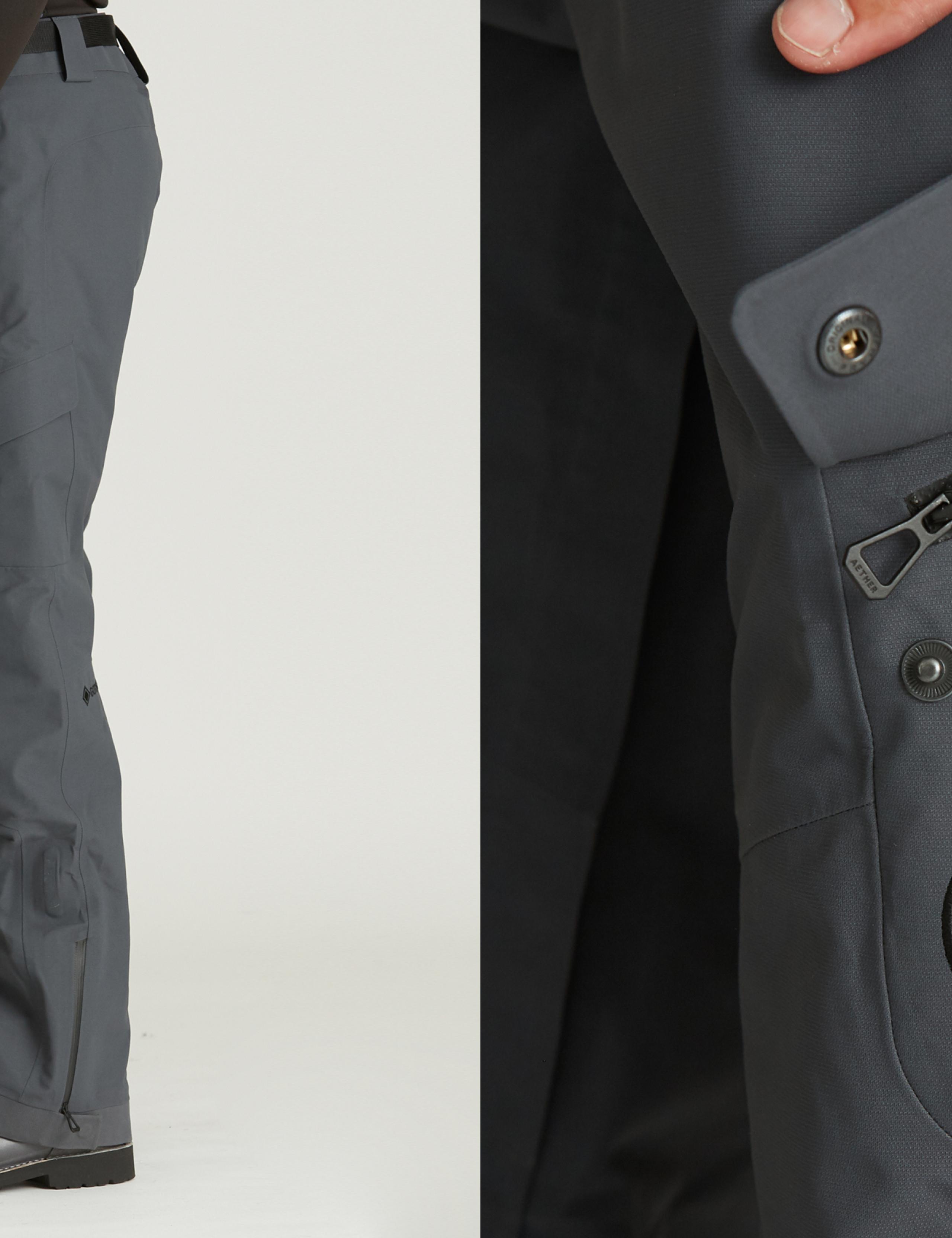 Photo on left is profile view of man wearing Caryle Snow Pant and on the right is a man opening the cargo pocket
