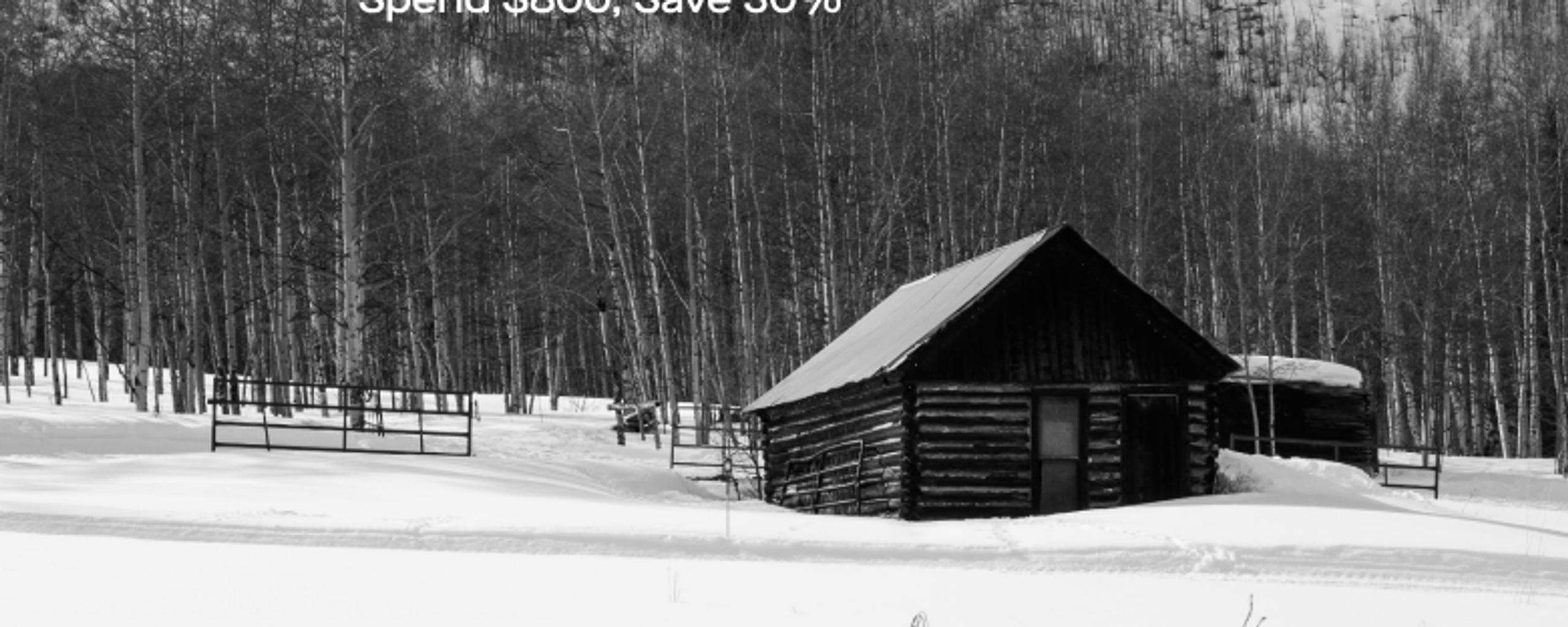 Black and white photo of snowy ridge. Black Friday: Spend $300, Save 20%. Spend $500, Save 25%. Spend $750, Save 30%.