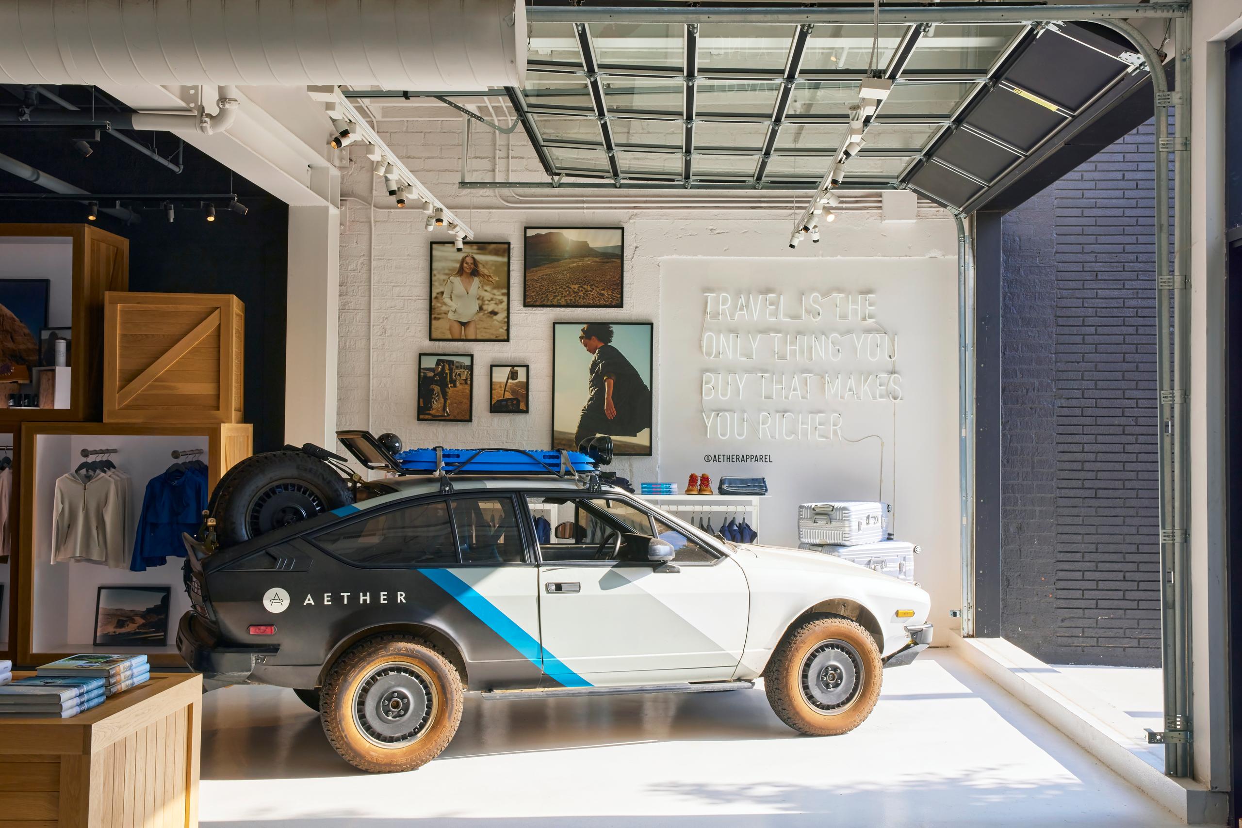 Interior of AETHER Los Angeles store with custom designed Alpine Alfa car on display