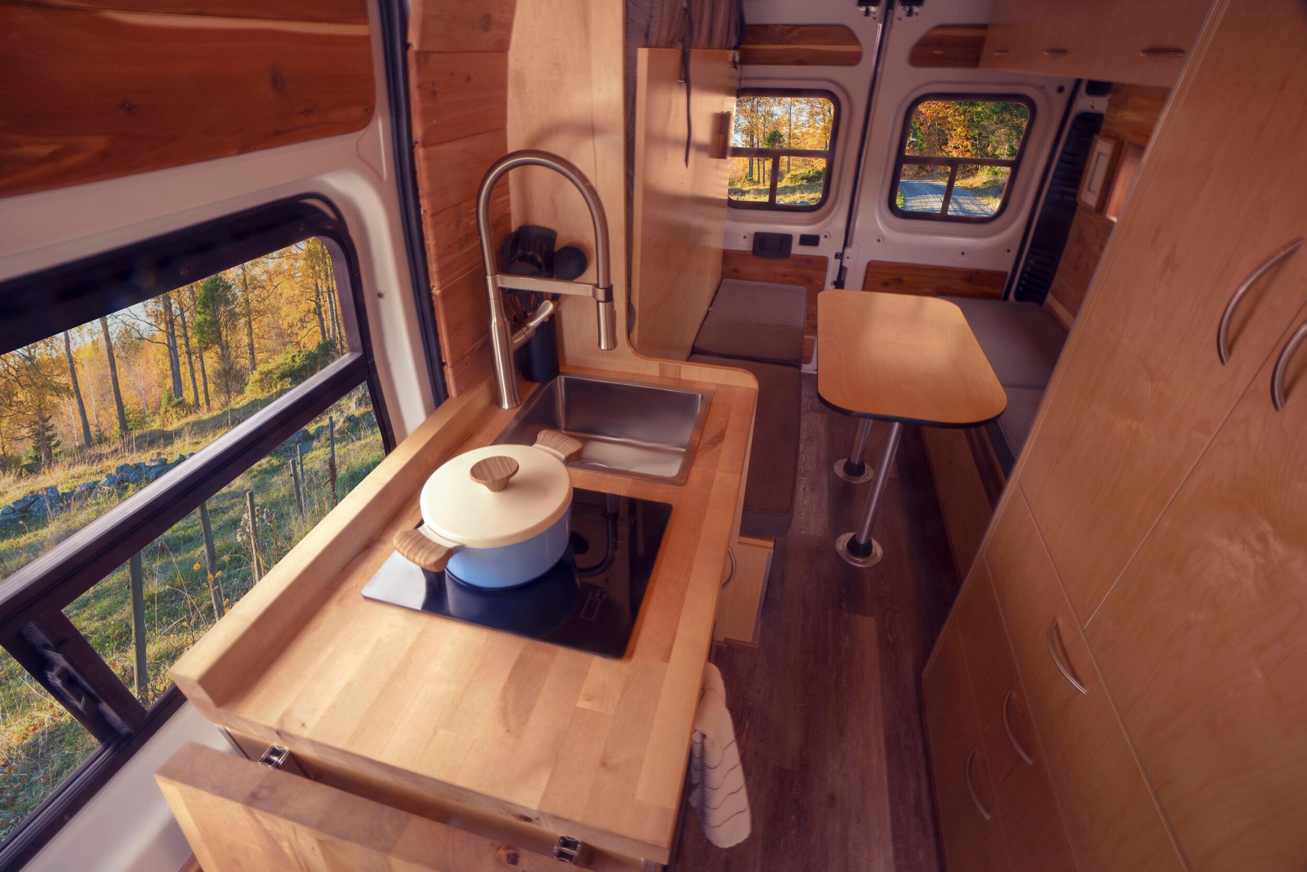 kitchen inside camper van