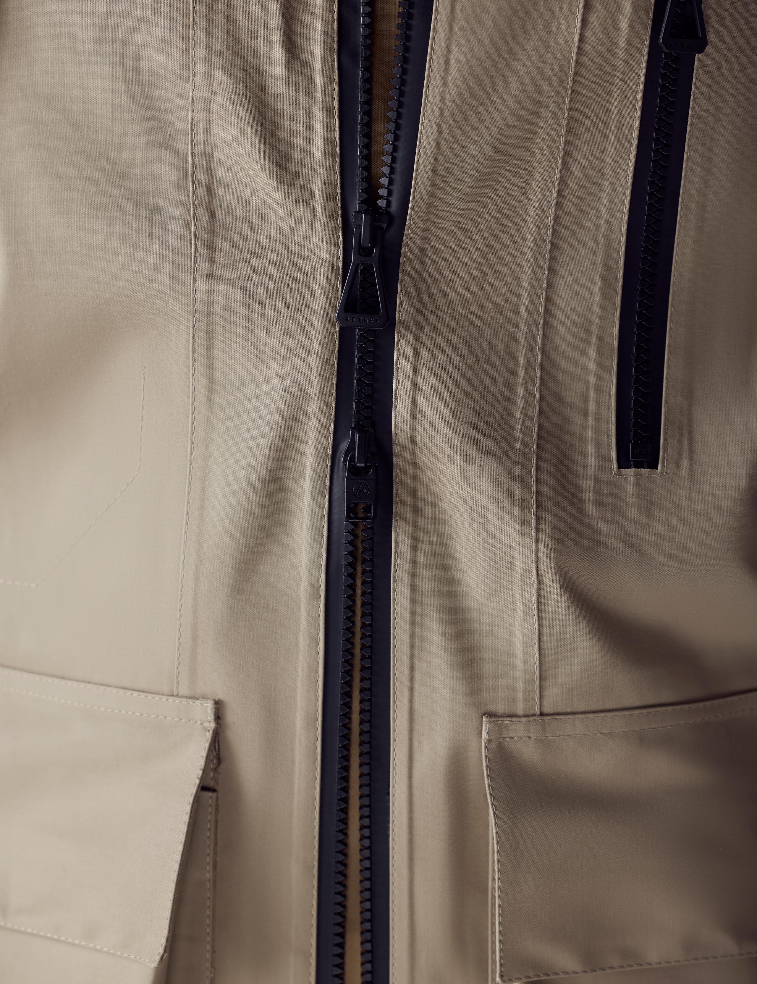 Detailed image of the AETHER+Mackintosh Field Parka in Fawn.