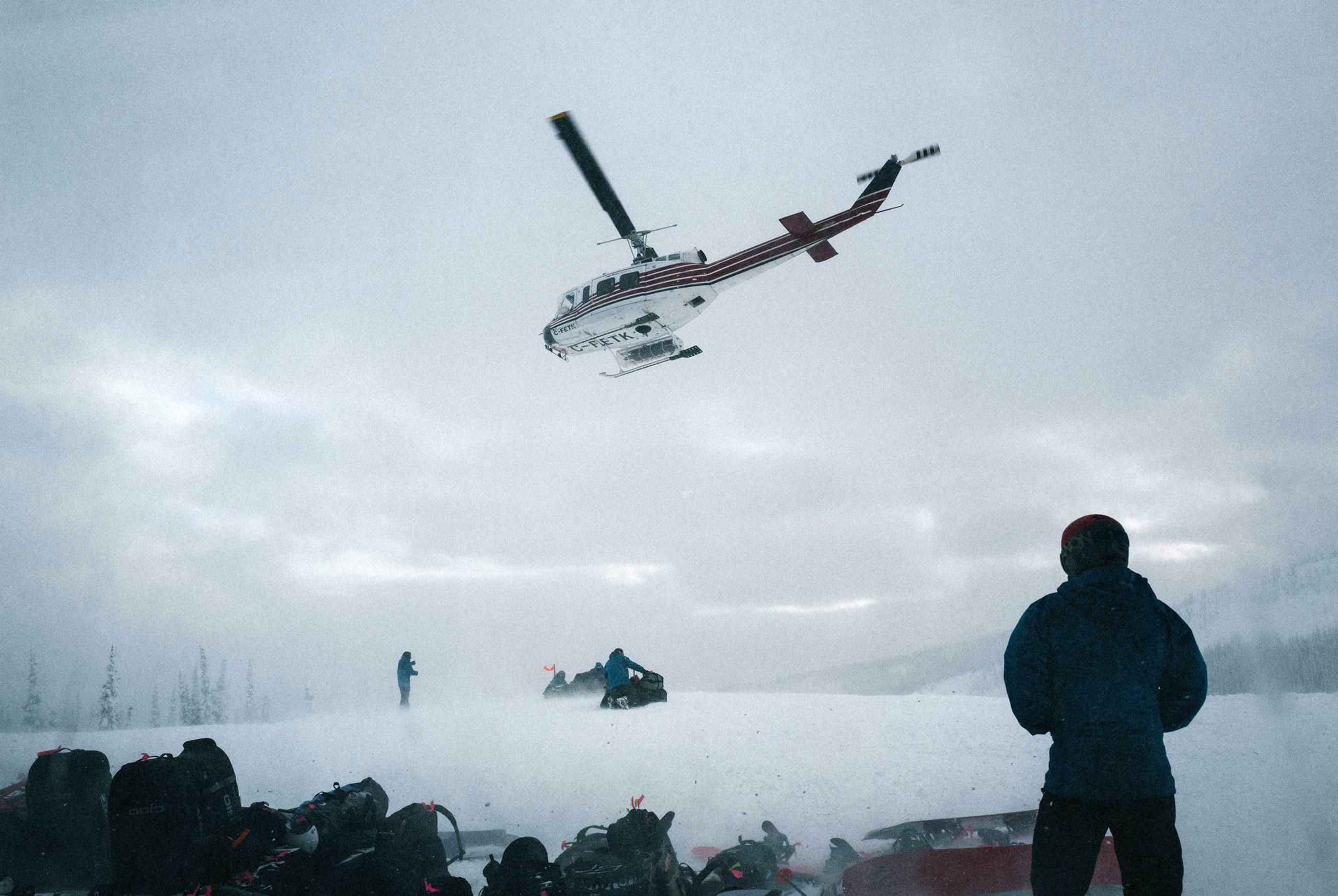 helicopter hovering in Baldface Lodge
