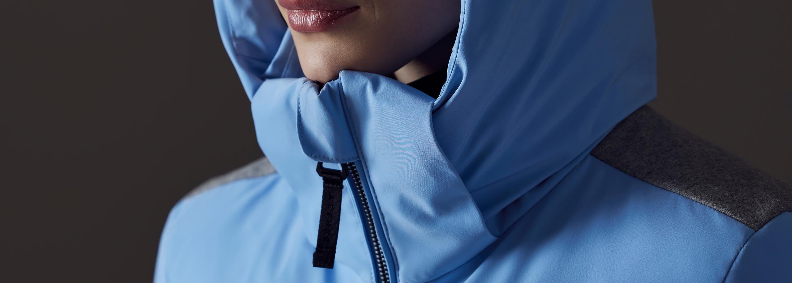 Closeup of neck and zipper detail of Bancroft Jacket