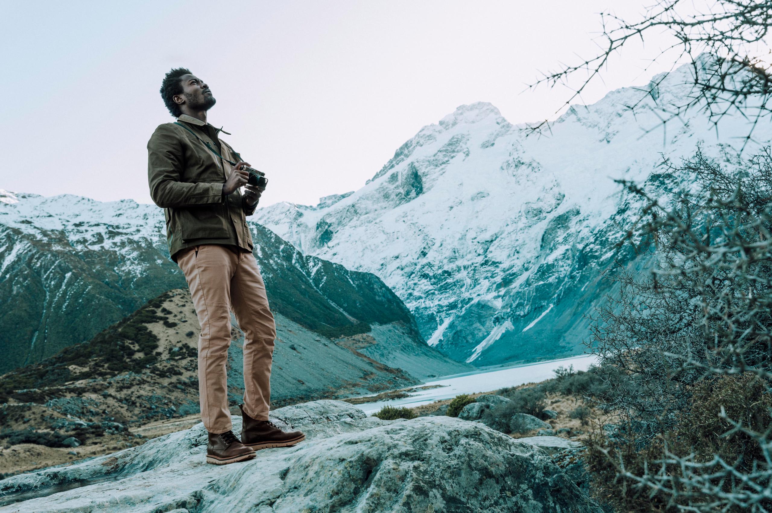 Fit model wearing The Reporter Jacket in New Zealand