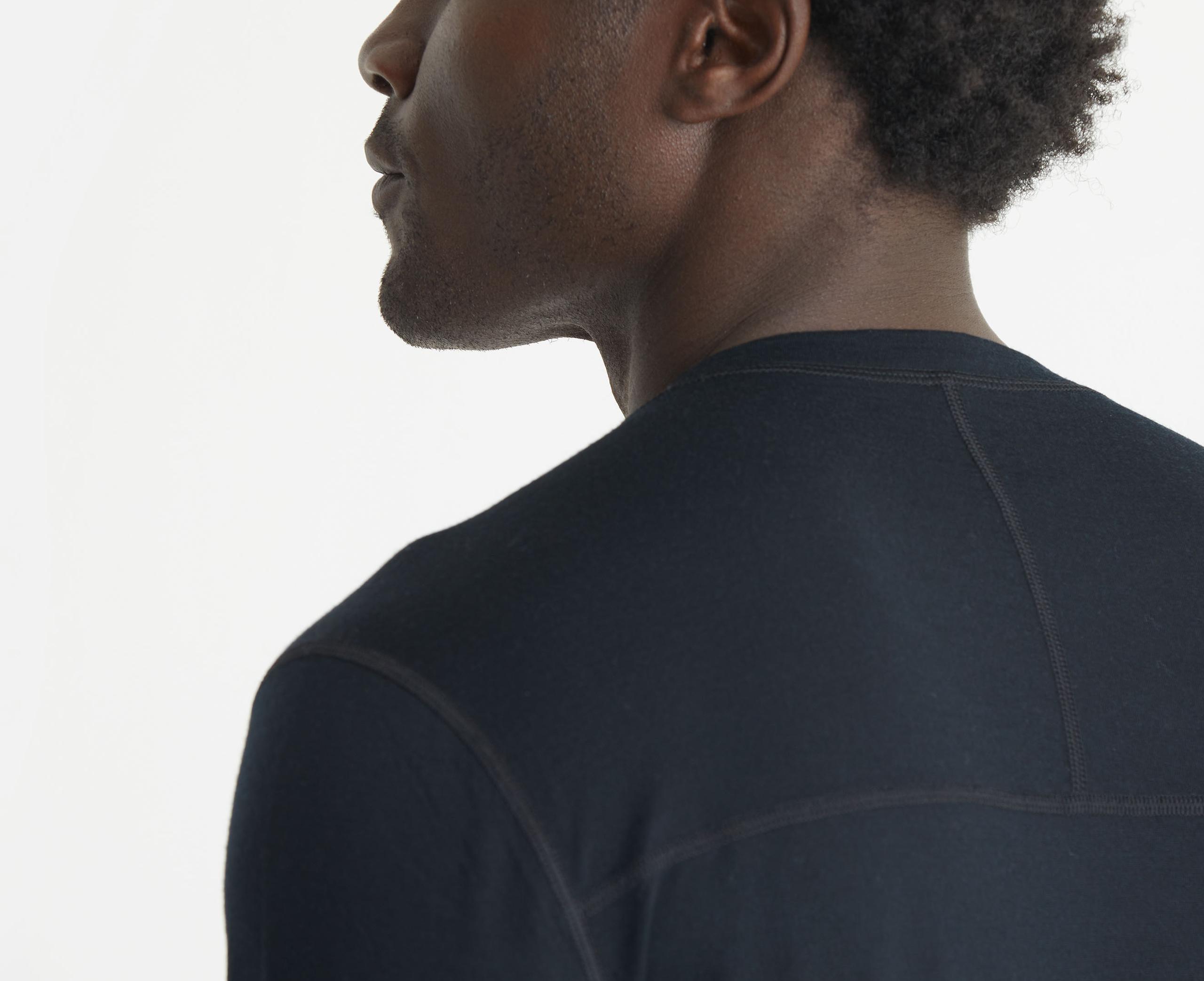 Closeup shoulder and neck detail of back of Premium Merino Base Layer Crew