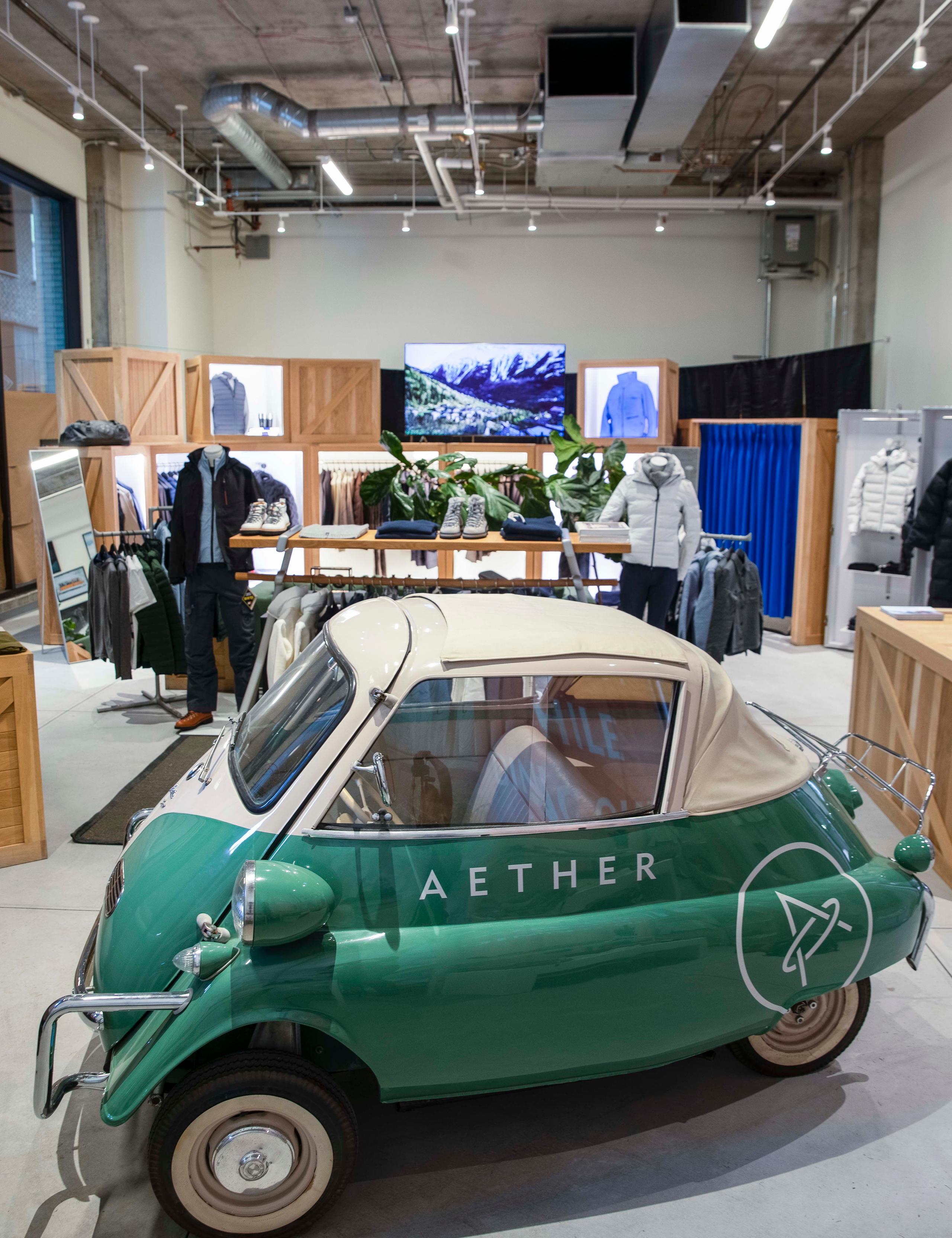 View of the AETHER Denver store with a vintage BMW Isett in the foreground