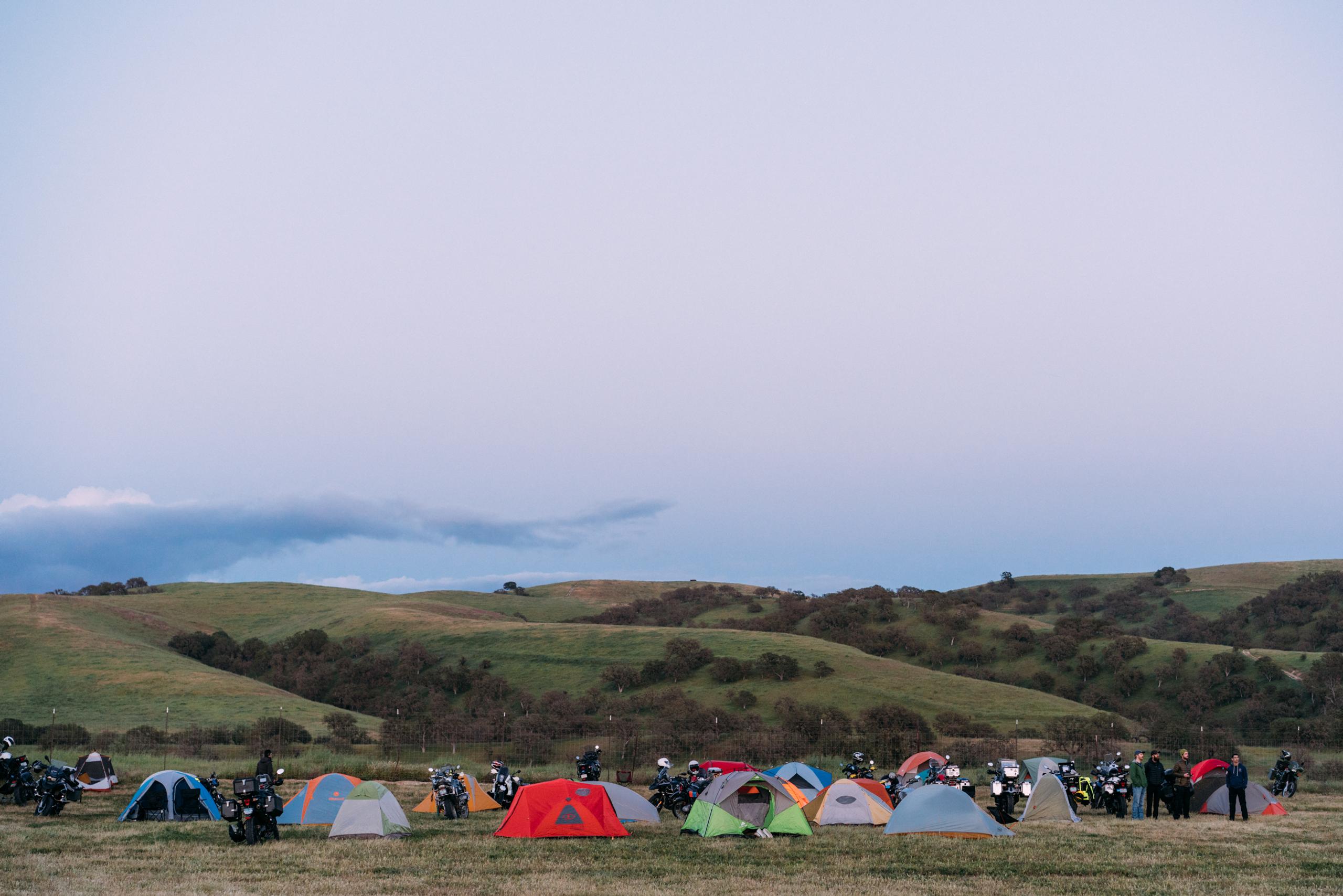 Landscape of colorful tents and rolling hills of Paso Robles, California