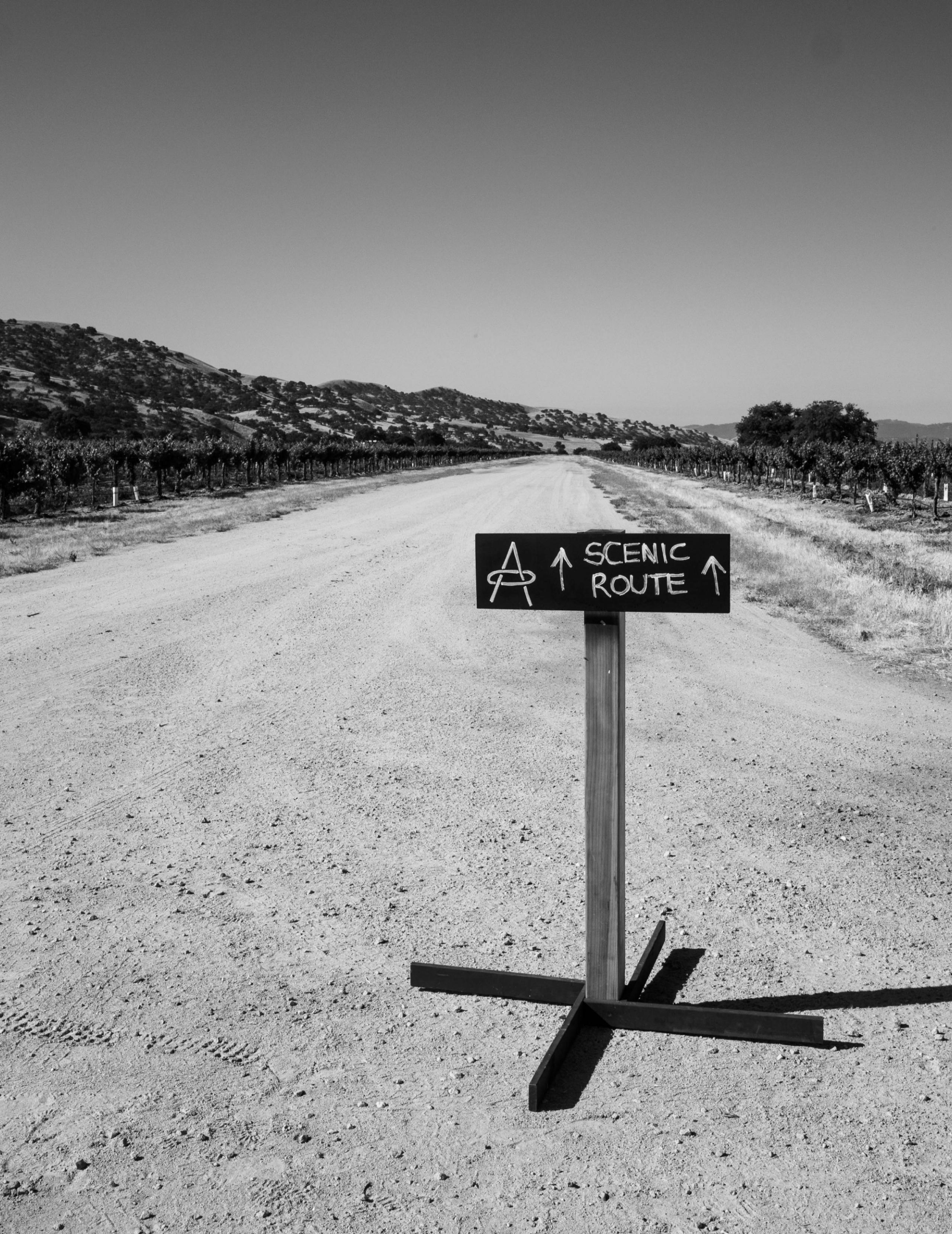 Handmade sign that says scenic route on gravel road in Joshua Tree, California