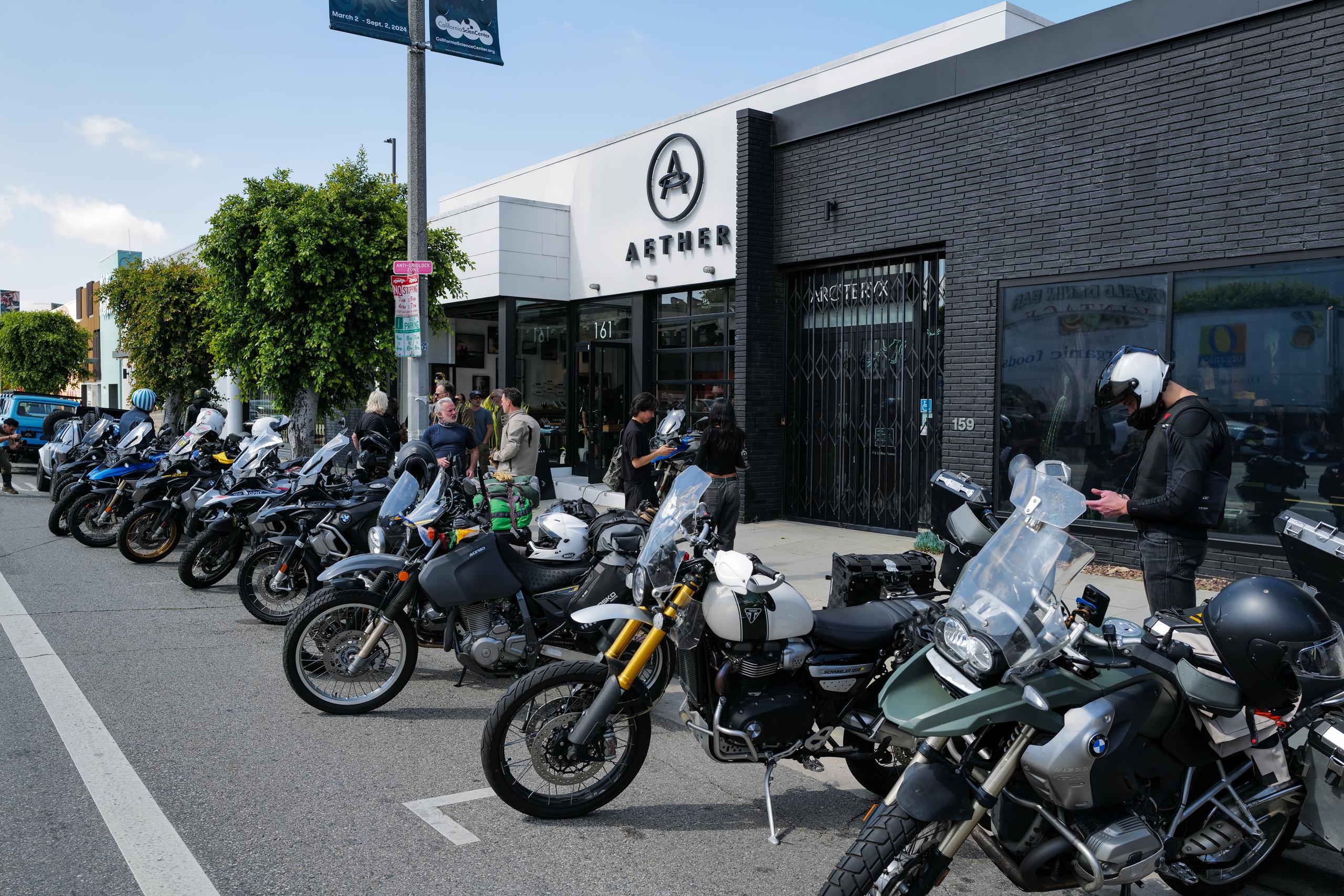Motorcycles lined up in front of AETHER store in Los Angeles