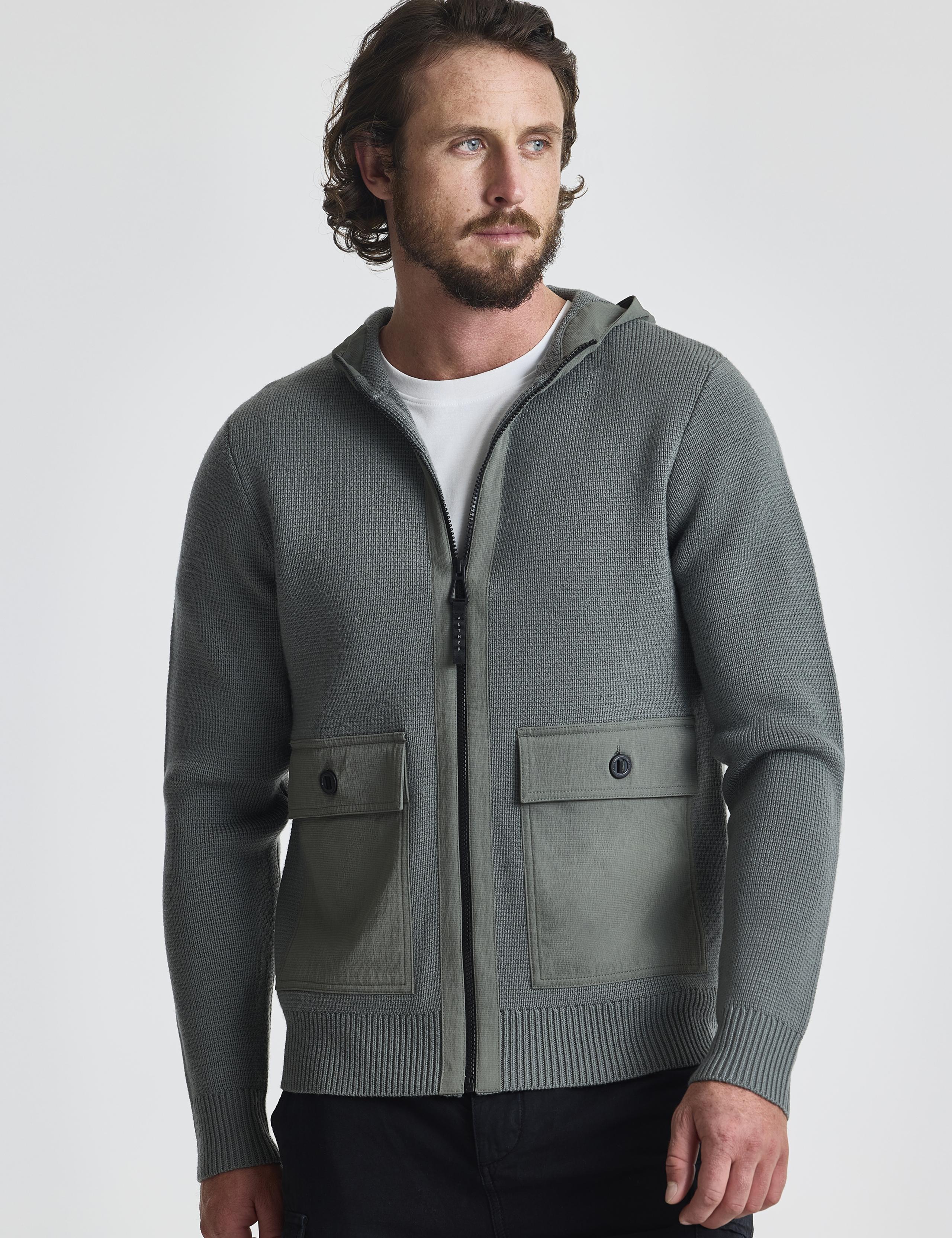 Man wearing Benson Full-Zip Sweater in Gunmetal
