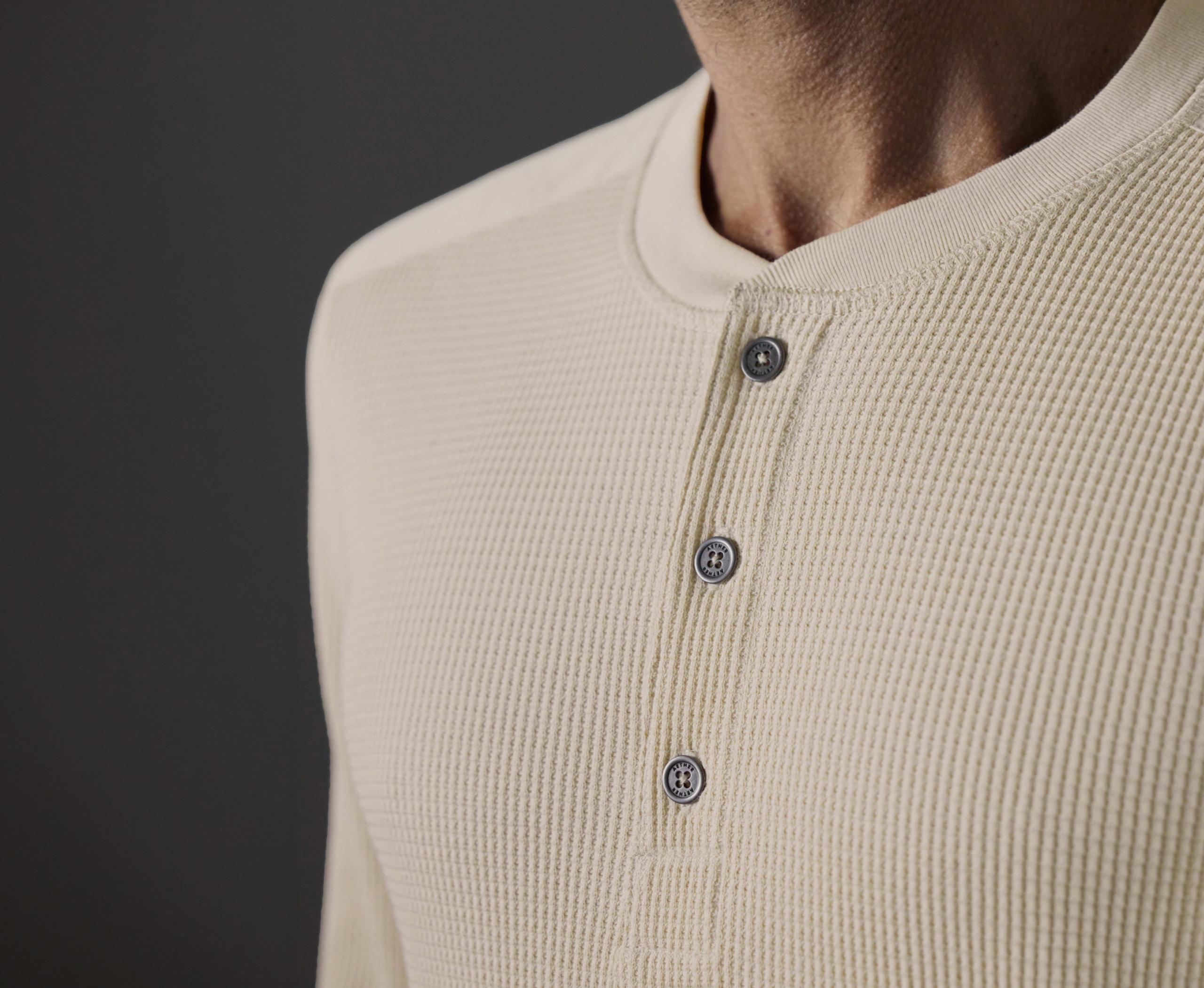 Closeup shoulder and chest detail of Milford Waffle Henley