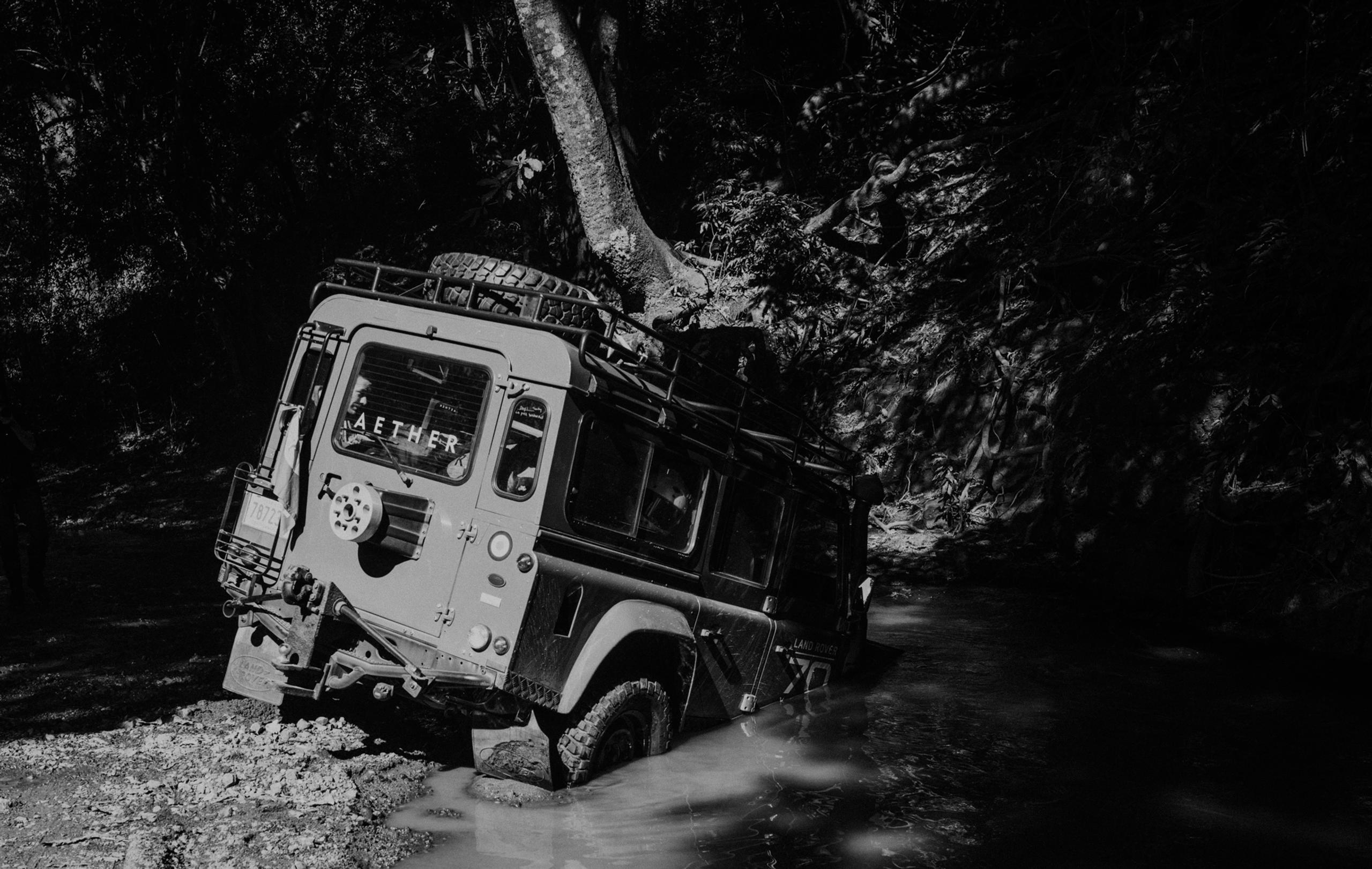 Land Rover stuck in shallow river in Costa Rica