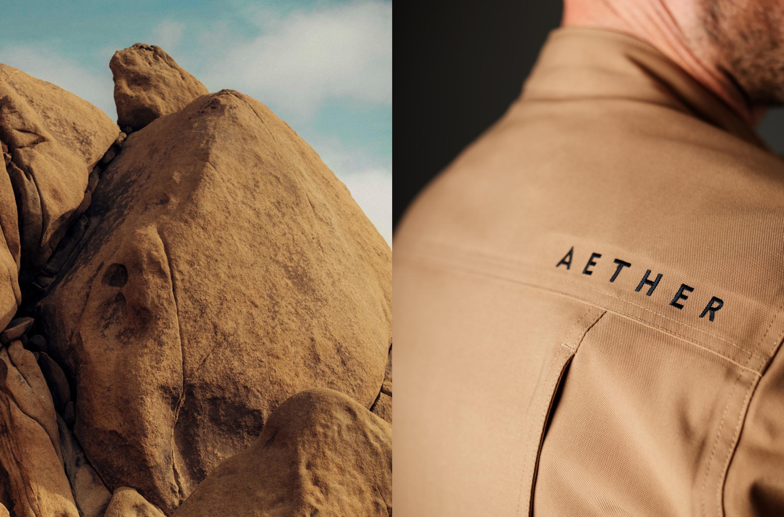 Closeup of Mulholland Motorcycle Jacket back shoulder juxtaposed next to photo of rock formation in Joshua Tree