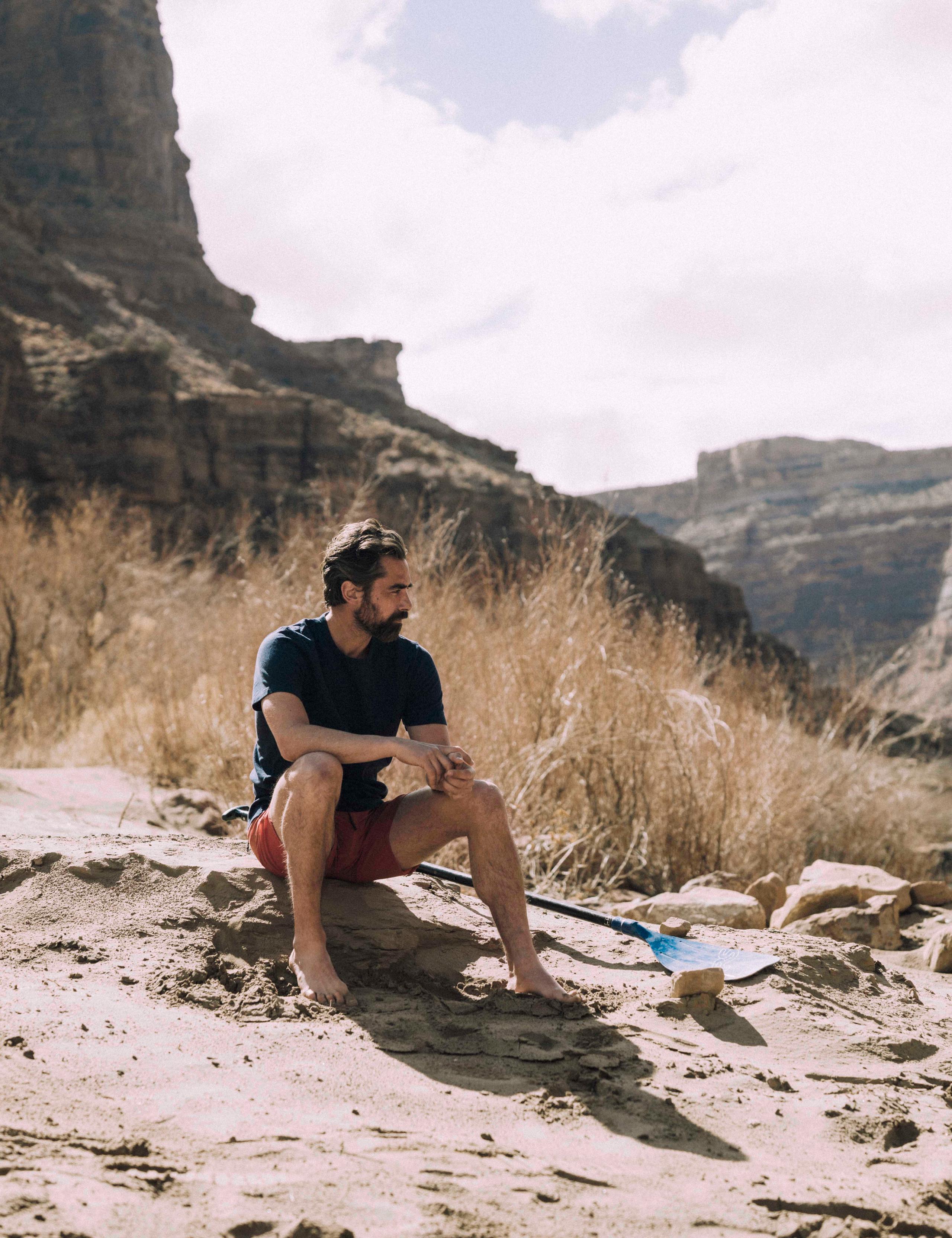 Men wearing Cotton Hemp Crew Tee sitting on sand