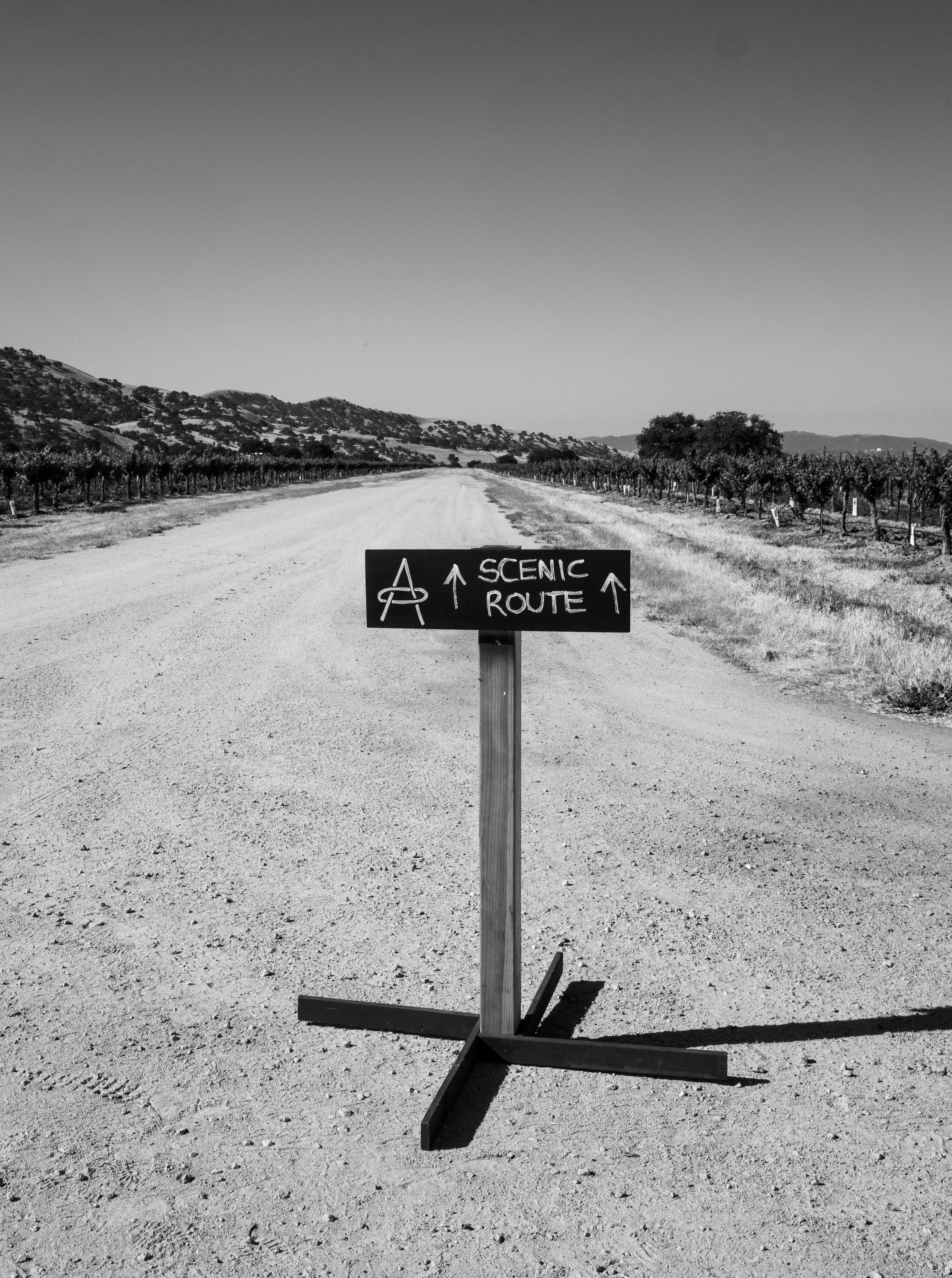 Black and white photo of gravel road with sign that says "Scenic Route"