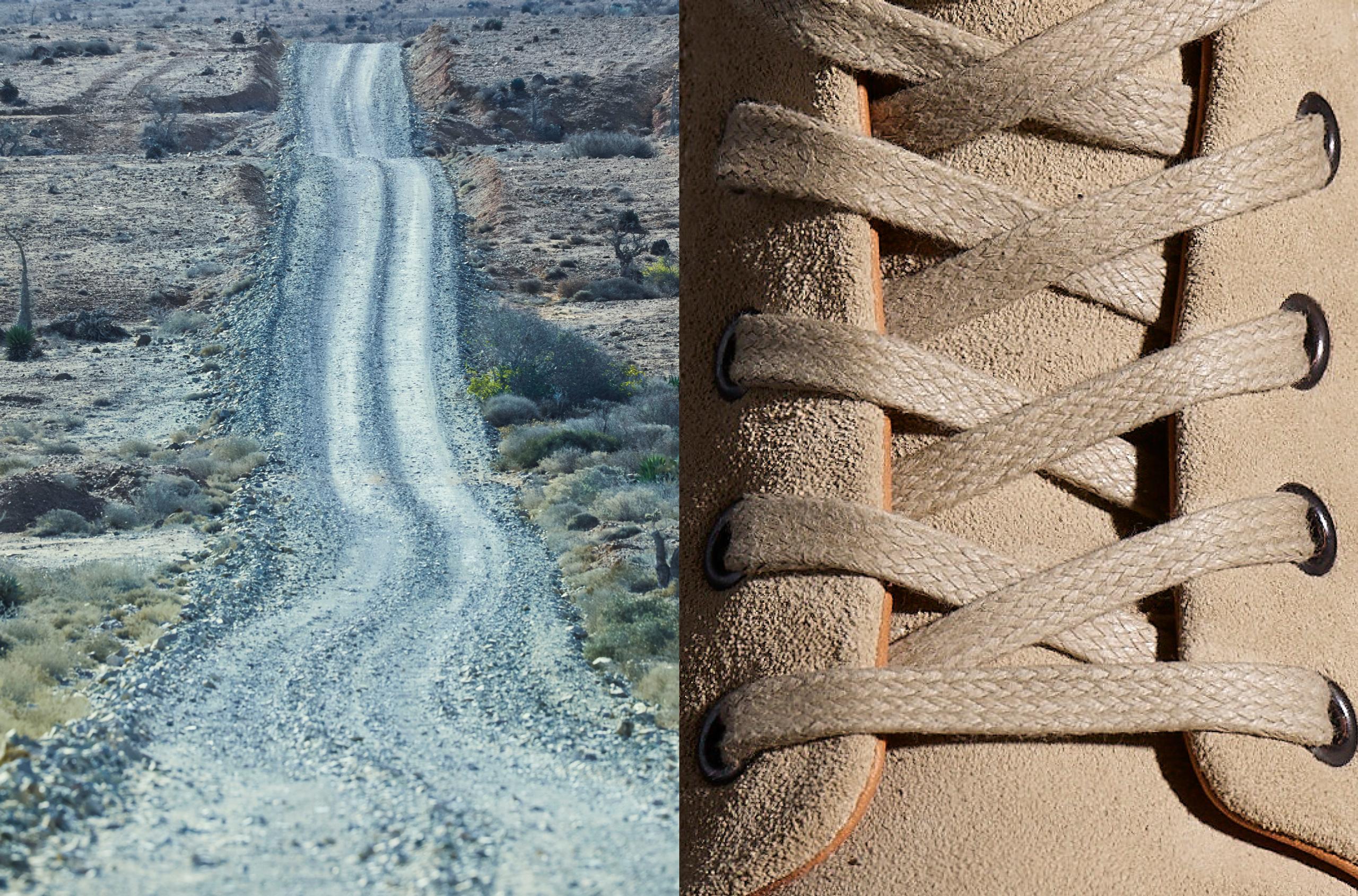 Juxtaposed photo of country road in Mexico next to detail photo of criss-crossed laces