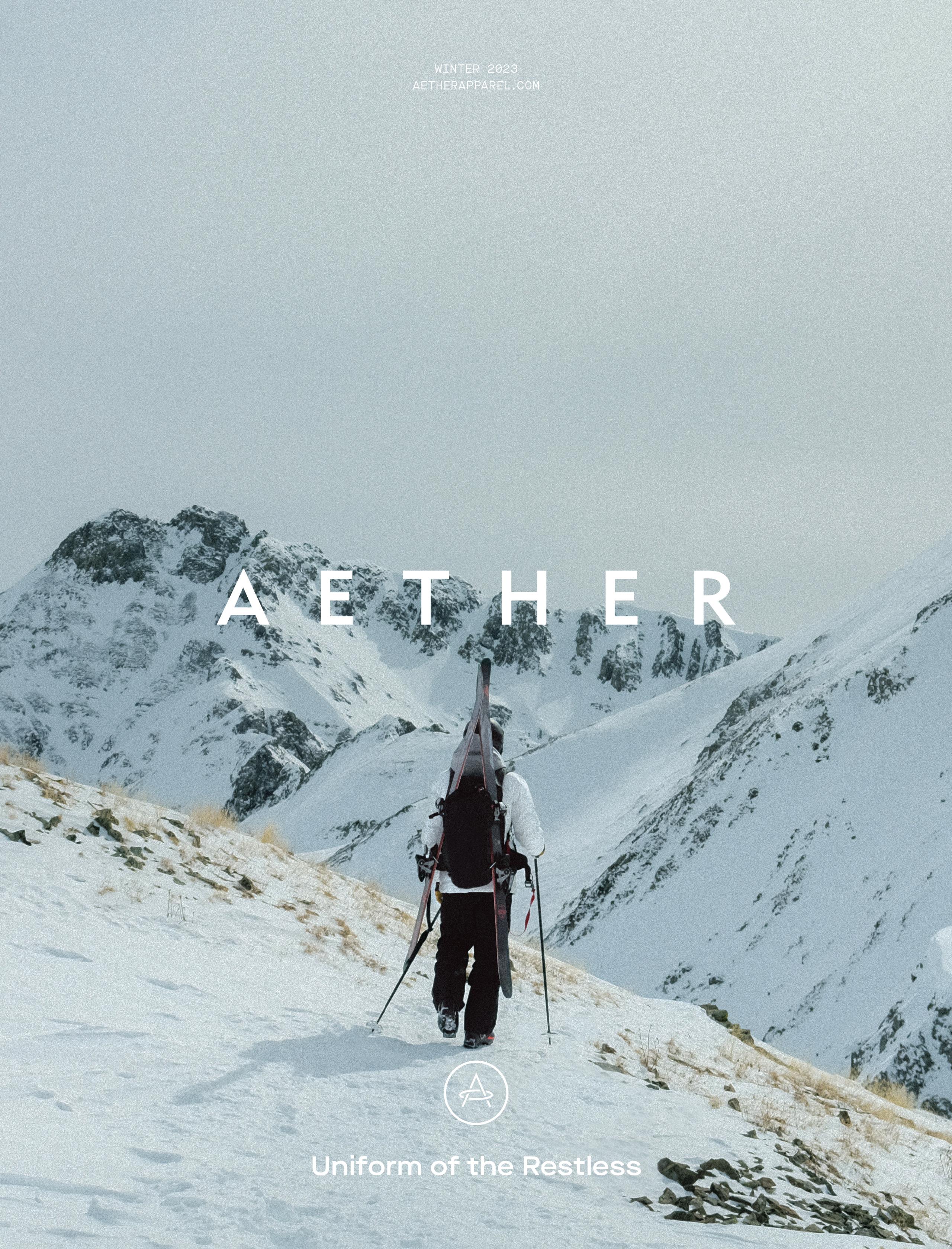 Cover of Winter 2023 AETHER Catalog with skier hiking in snowy mountains of Silverton, Colorado