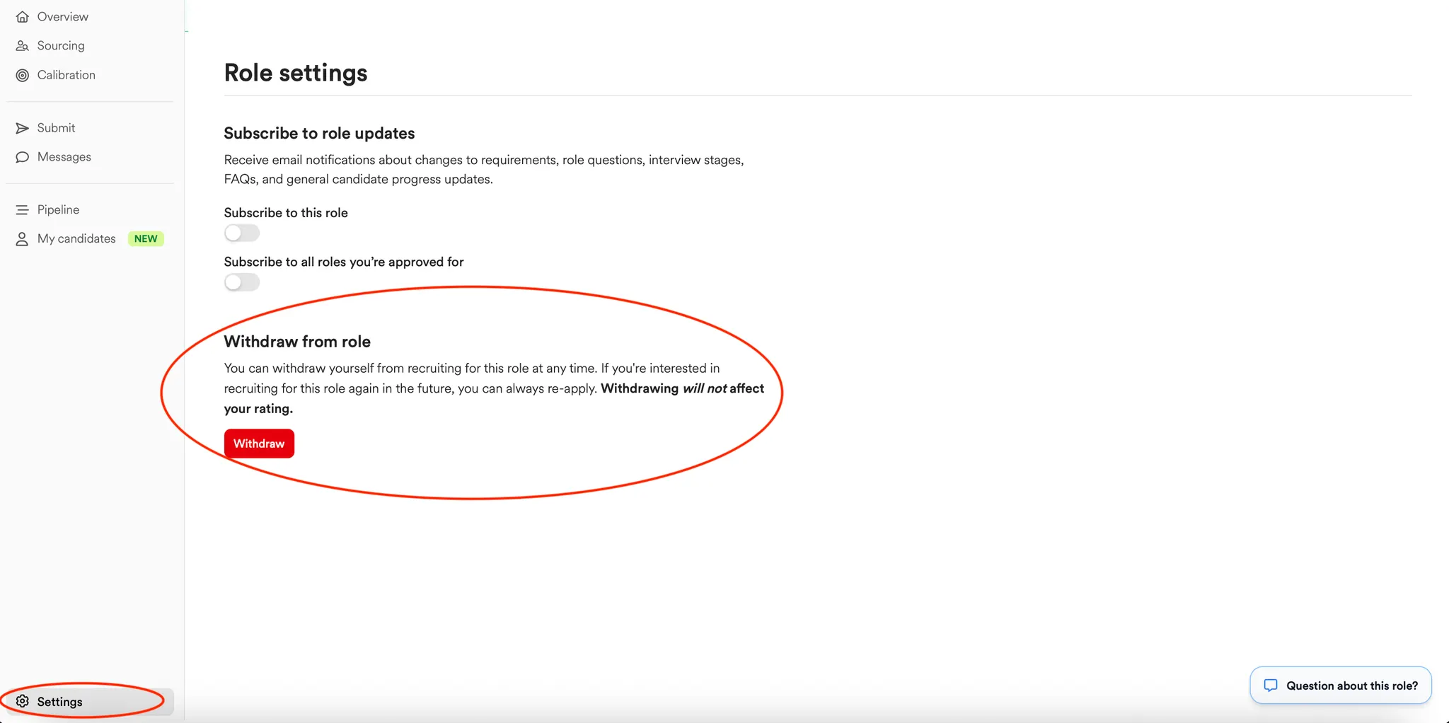 Withdraw role screenshot