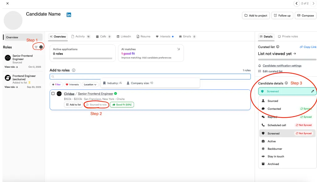 Mark candidate as contacted screenshot