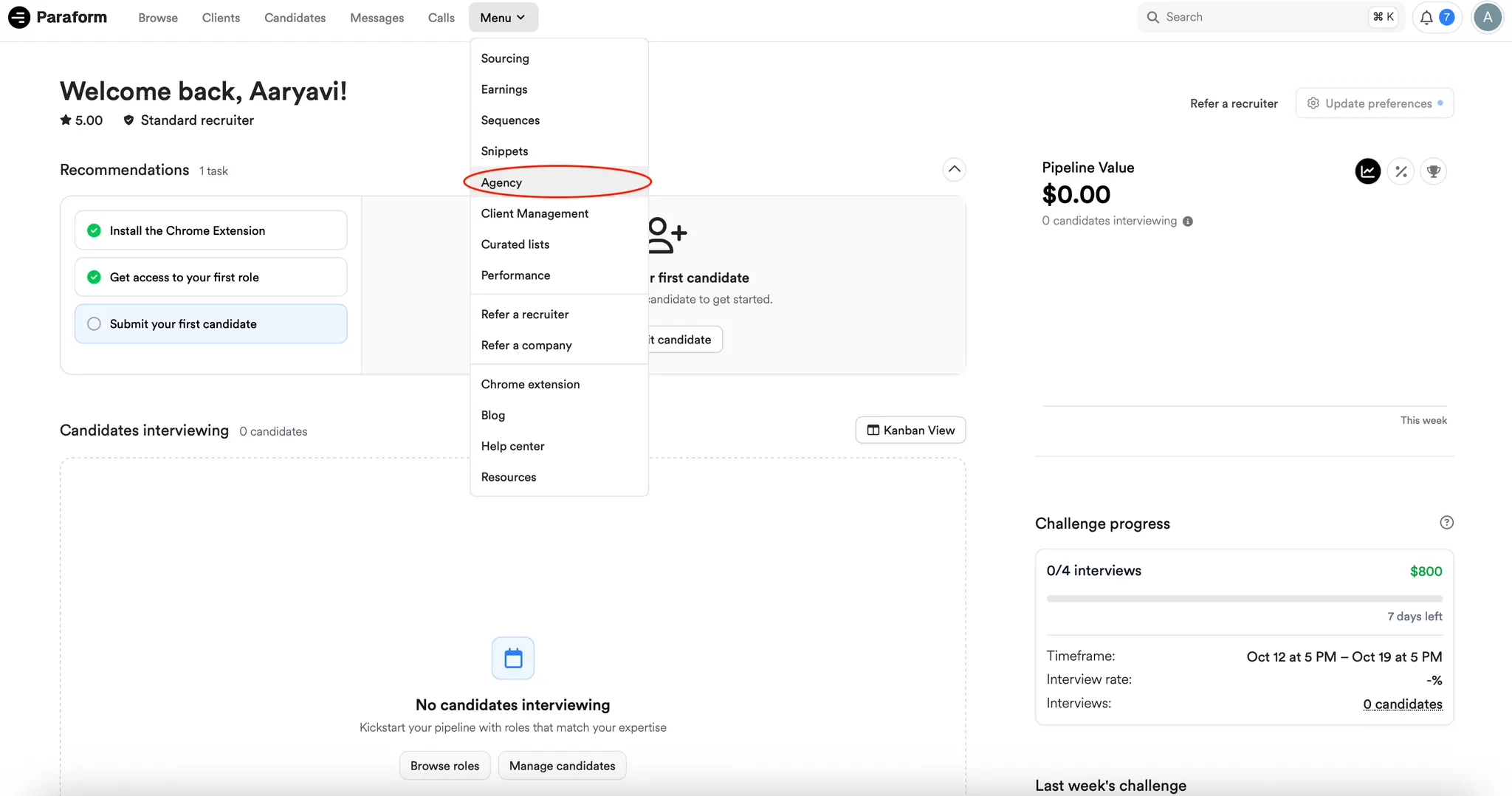 Dashboard Menu showing Agency option