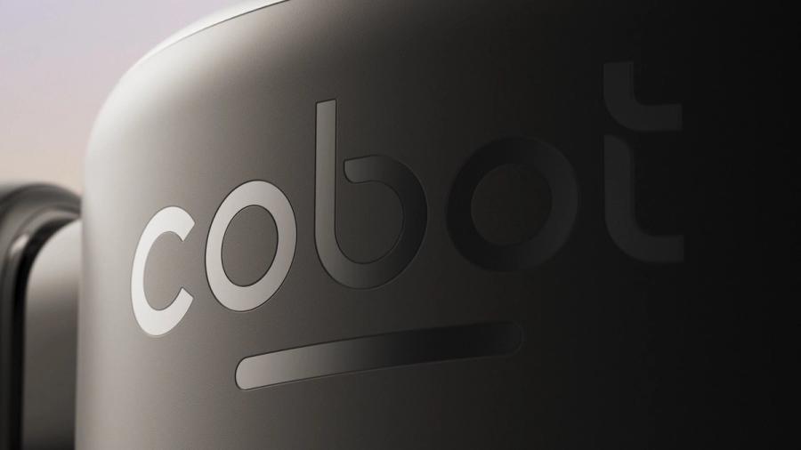 The Cobot wordmark on the robot, close up