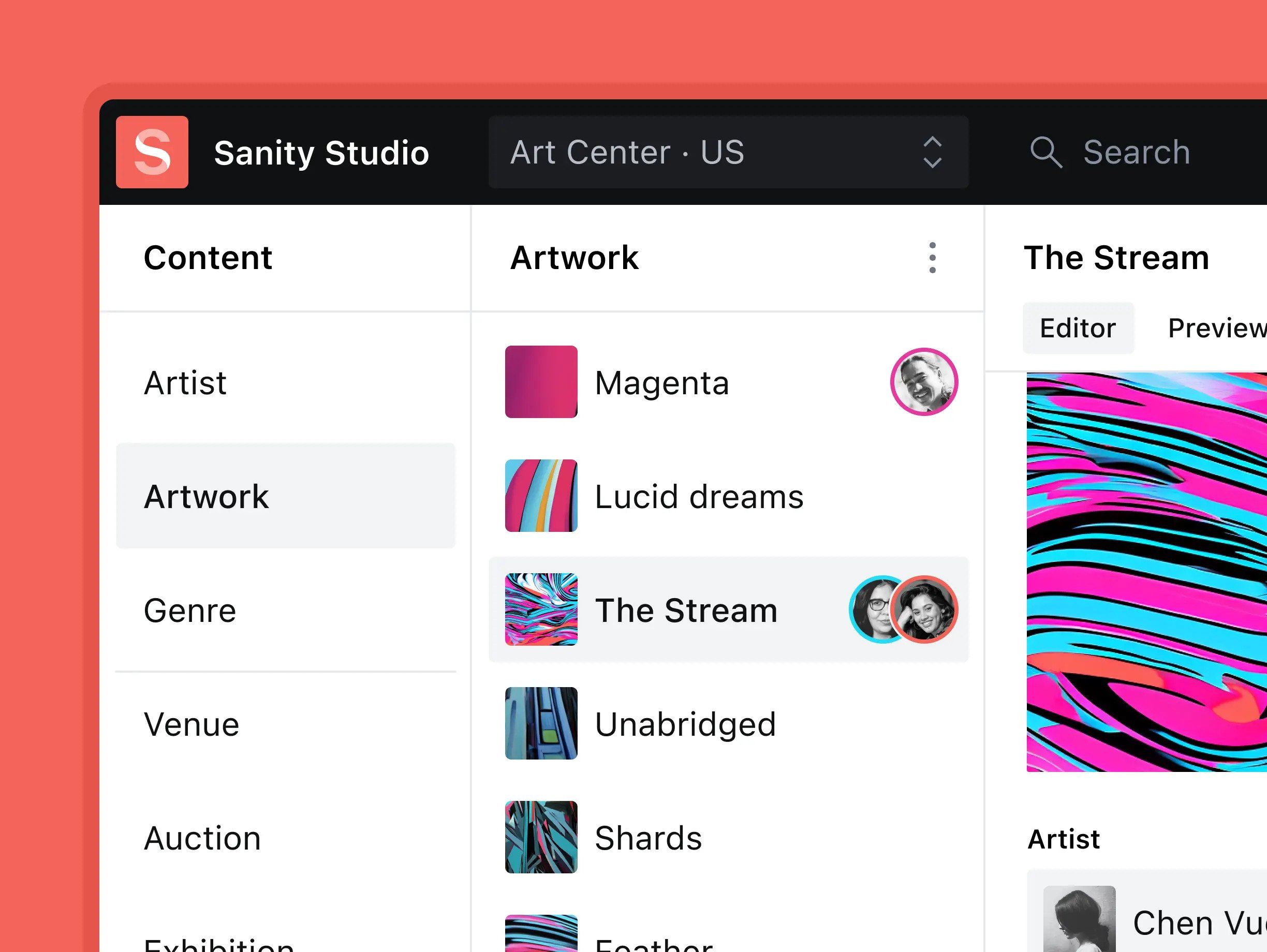 A picture of the Sanity studio content management interface with a content column, artwork column, and "The Stream" window of an art piece.