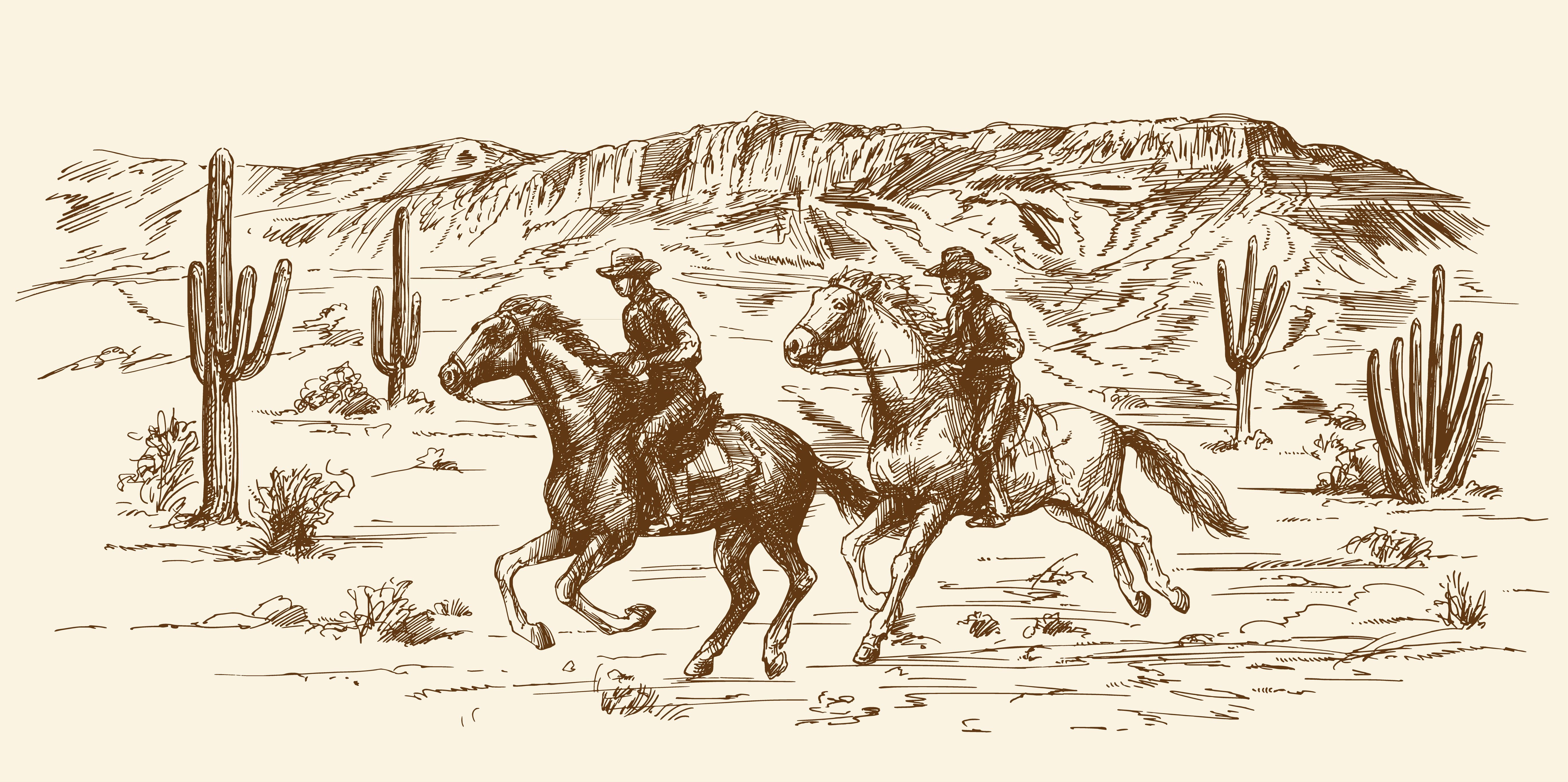 Sketch illustration of two cowboys riding horses through a canyon with cacti in the background