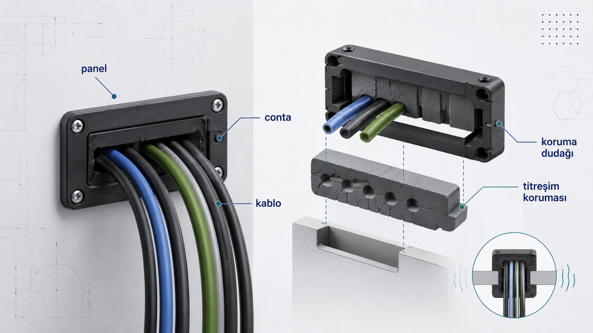 Kablo geçiş contasının panel, conta ve kablo bağlantı yapısı