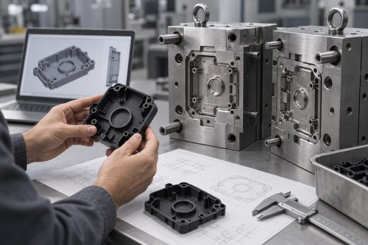 Cover — Werkzeug und Bauteilprüfung, `spritzgussform-kosten-de.webp`, alt: `Technische Prüfung eines Kunststoffbauteils und einer Spritzgussform vor dem Angebot`.