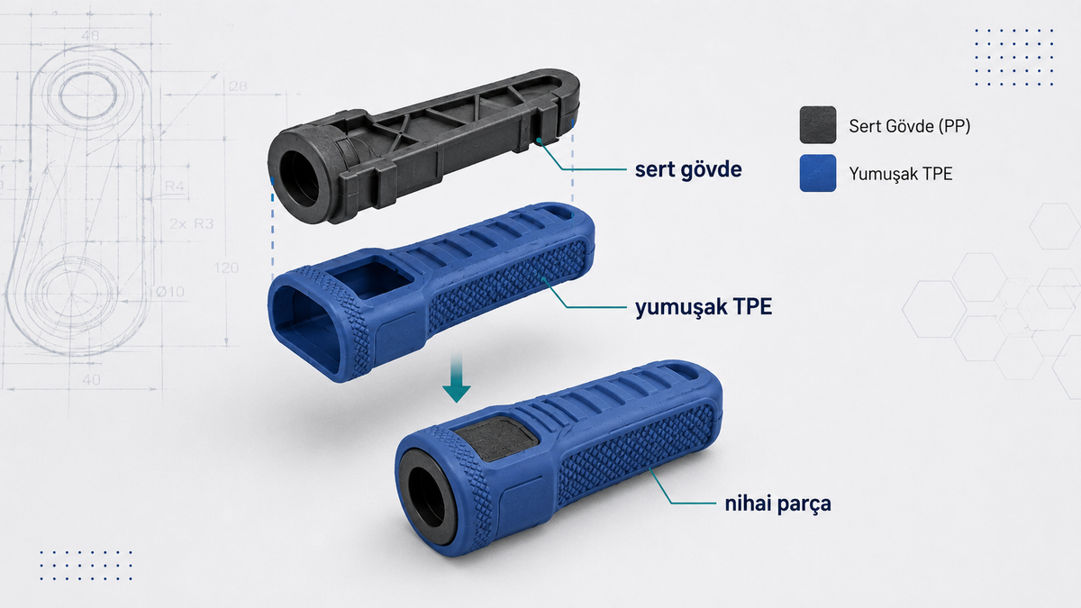 Sert PP gövde ile yumuşak TPE katmanın overmolding ile birleşimi