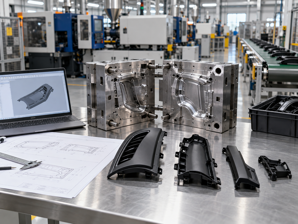 Otomotiv enjeksiyon kalıbı, teknik çizim ve seri üretim parçaları