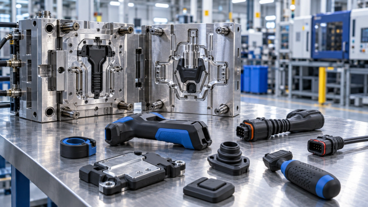Overmolding ile üretilmiş çok malzemeli plastik parçalar ve enjeksiyon kalıbı
