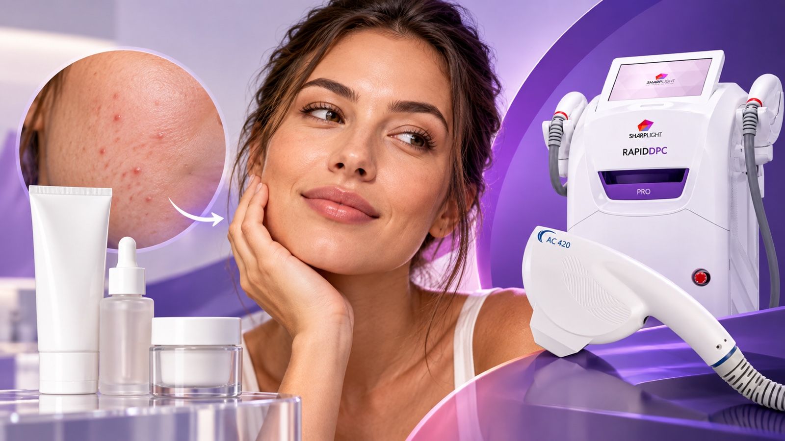 Composite showing active acne, topical skincare products, a woman with clear skin, and the SharpLight Rapid DPC Pro with AC 420 handpiece.