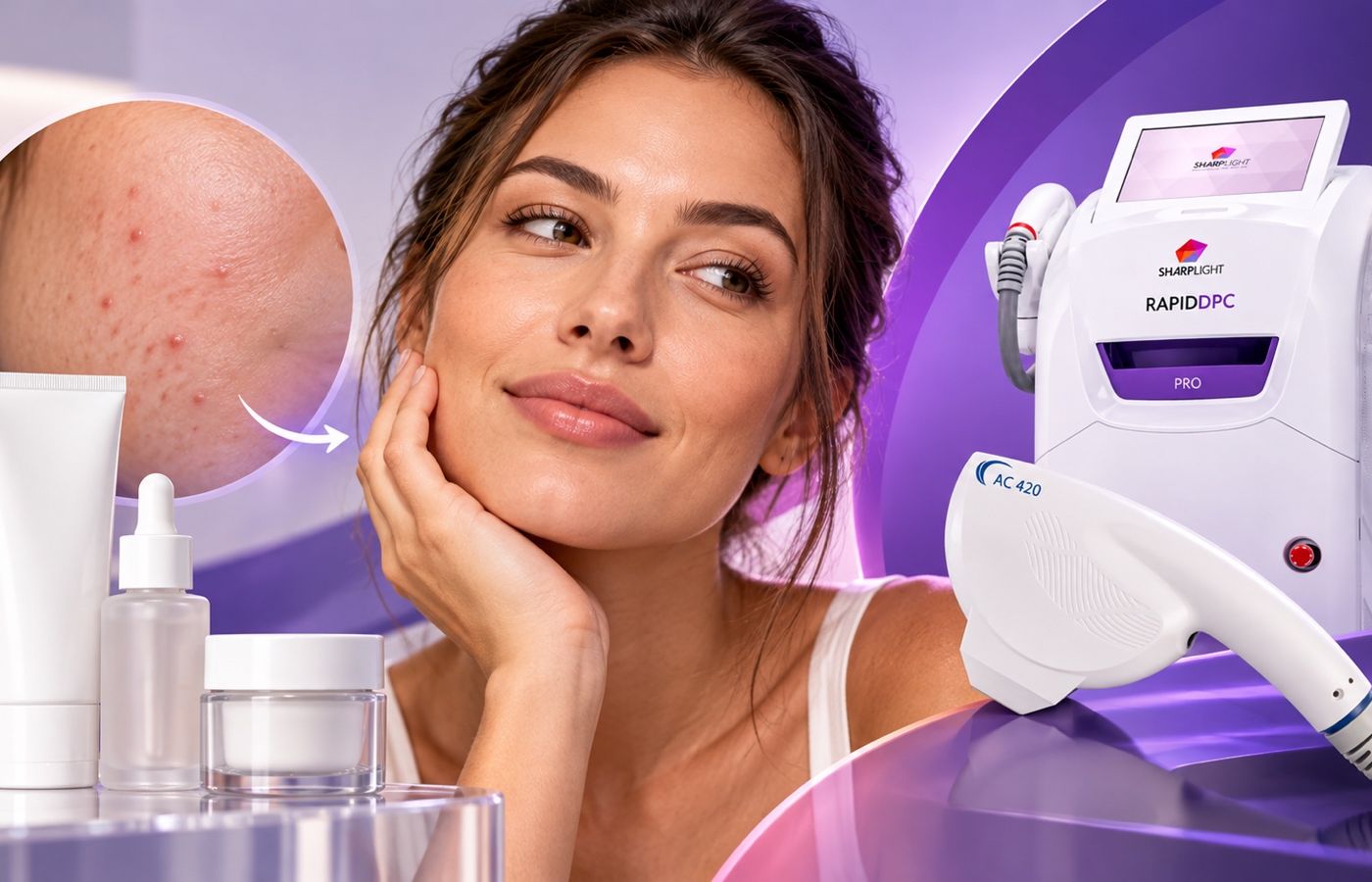 Composite showing active acne, topical skincare products, a woman with clear skin, and the SharpLight Rapid DPC Pro with AC 420 handpiece.