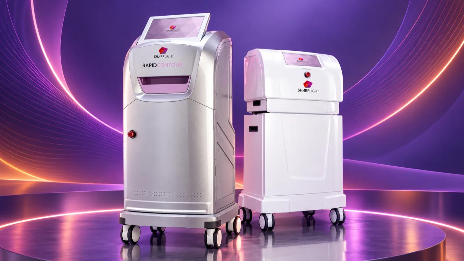 Two SharpLight professional body-contouring machines, including Rapid Contour, displayed on a purple illuminated stage.