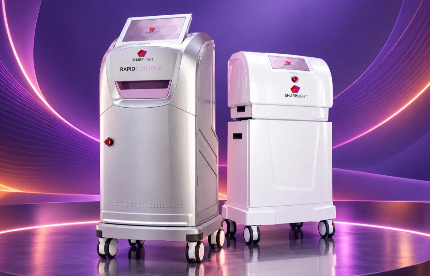 Two SharpLight professional body-contouring machines, including Rapid Contour, displayed on a purple illuminated stage.