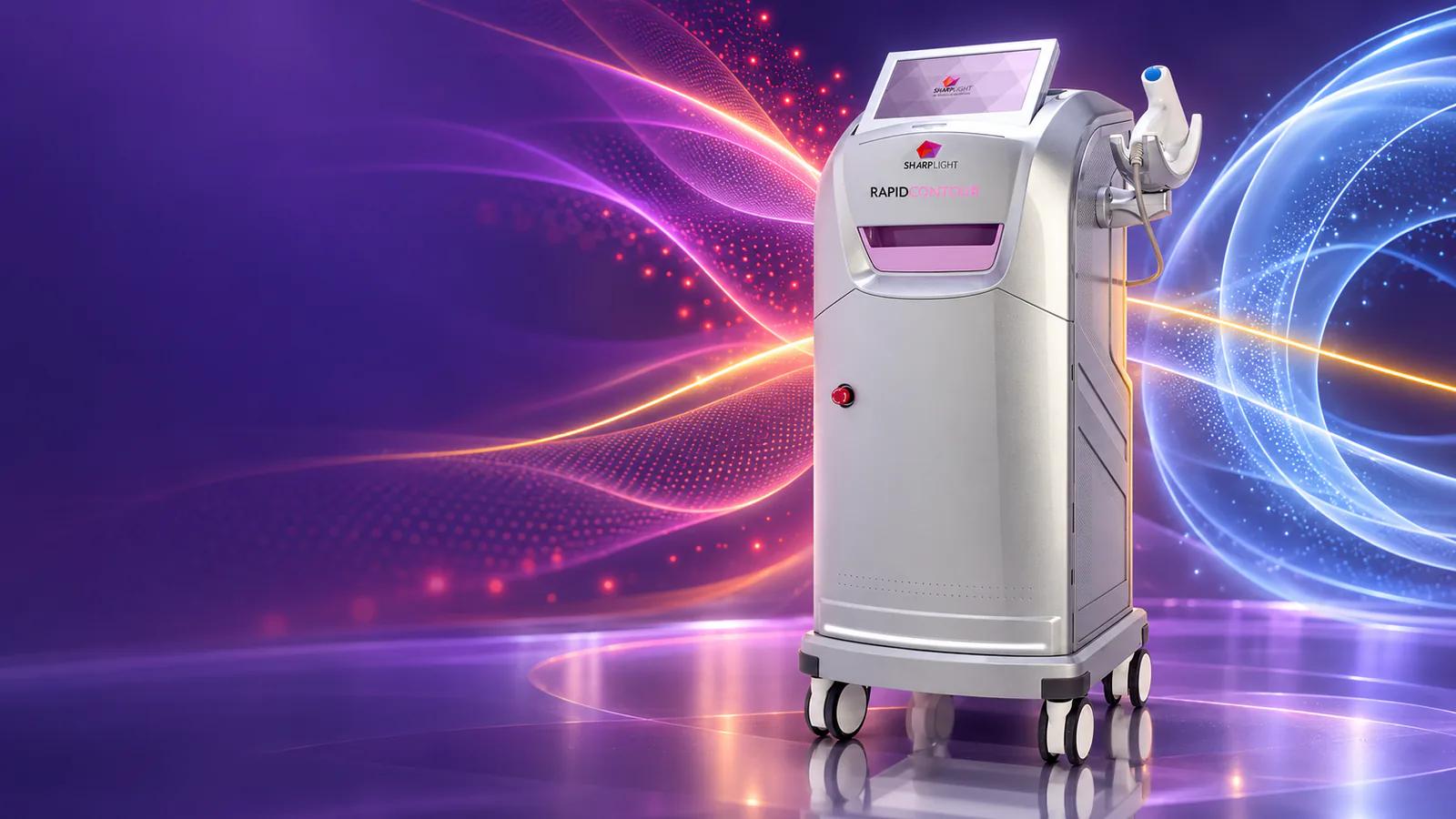 SharpLight Rapid Contour workstation in a violet studio with abstract energy waves representing body-contouring technologies.