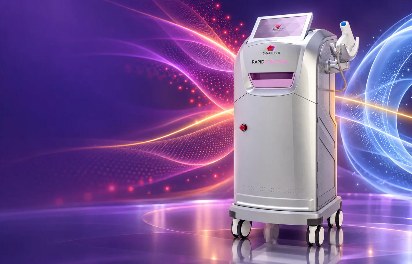 SharpLight Rapid Contour workstation in a violet studio with abstract energy waves representing body-contouring technologies.