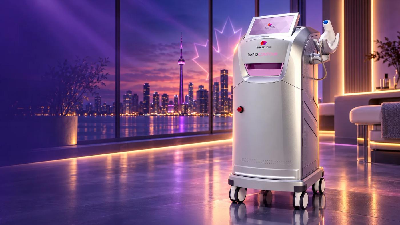 SharpLight Rapid Contour body contouring system in a cinematic violet clinic overlooking the Toronto skyline.
