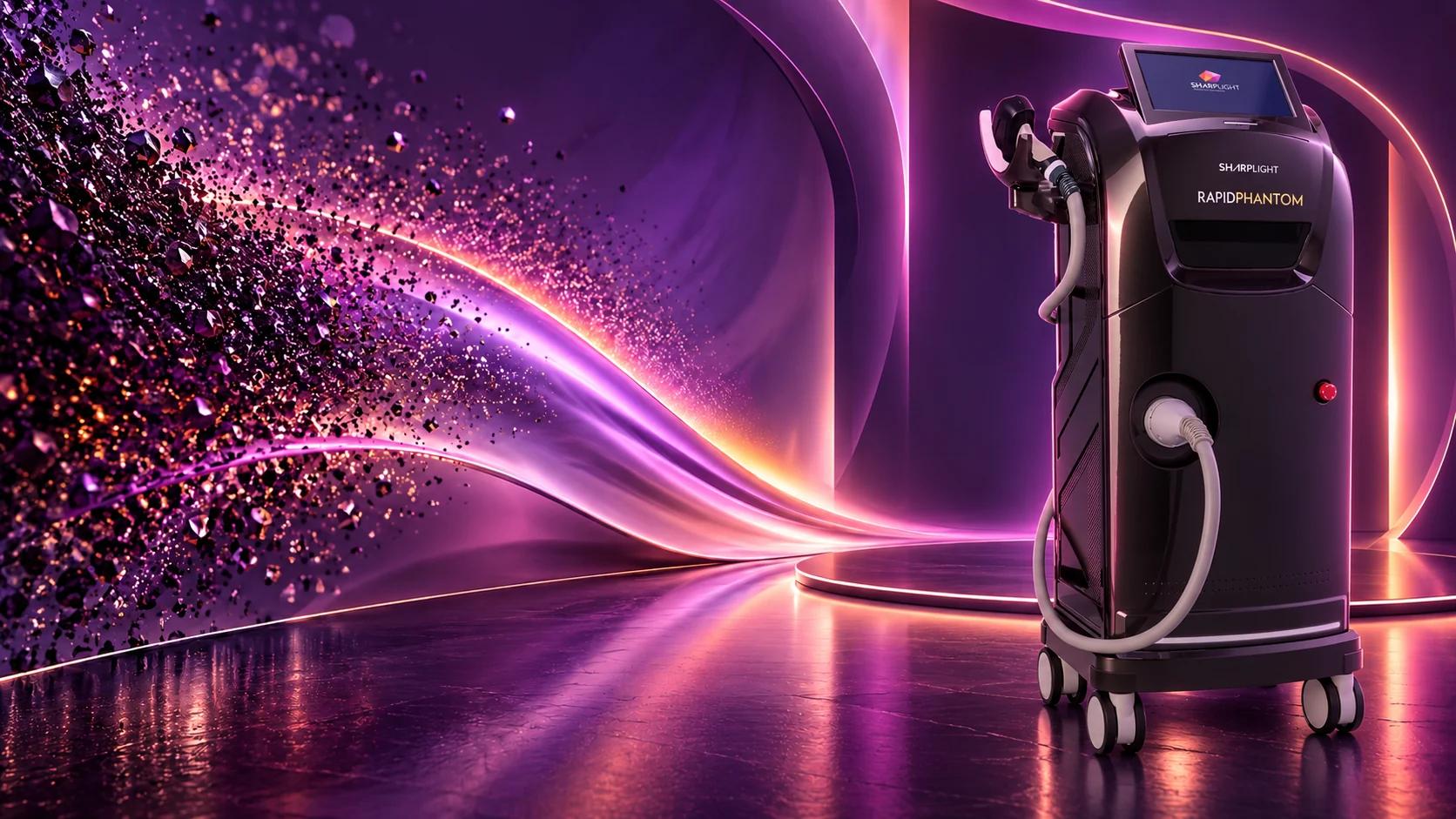 SharpLight Rapid Phantom diode laser system on a violet technology stage representing professional laser hair reduction.