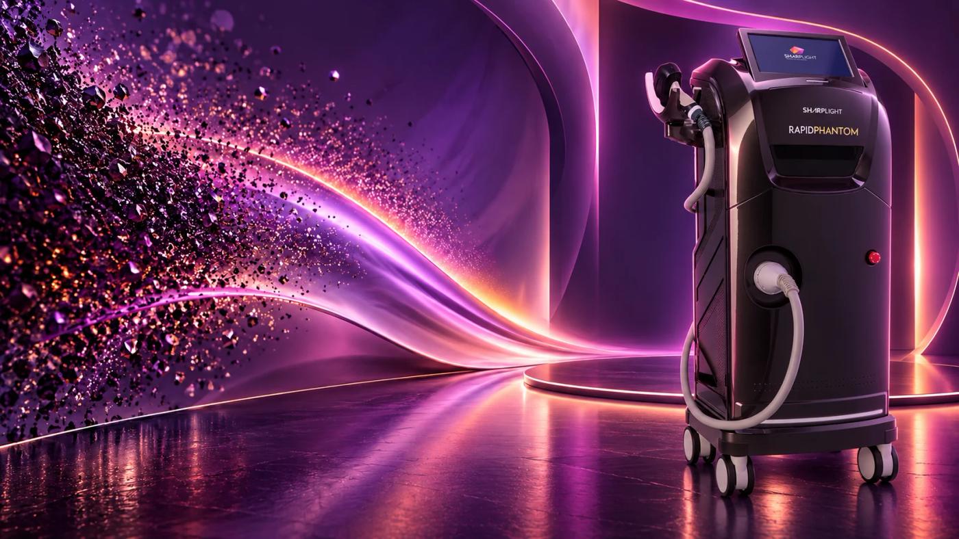 SharpLight Rapid Phantom diode laser system on a violet technology stage representing professional laser hair reduction.