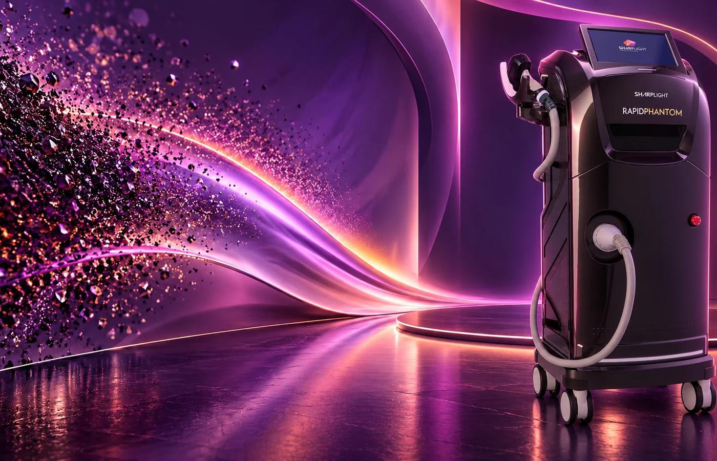SharpLight Rapid Phantom diode laser system on a violet technology stage representing professional laser hair reduction.