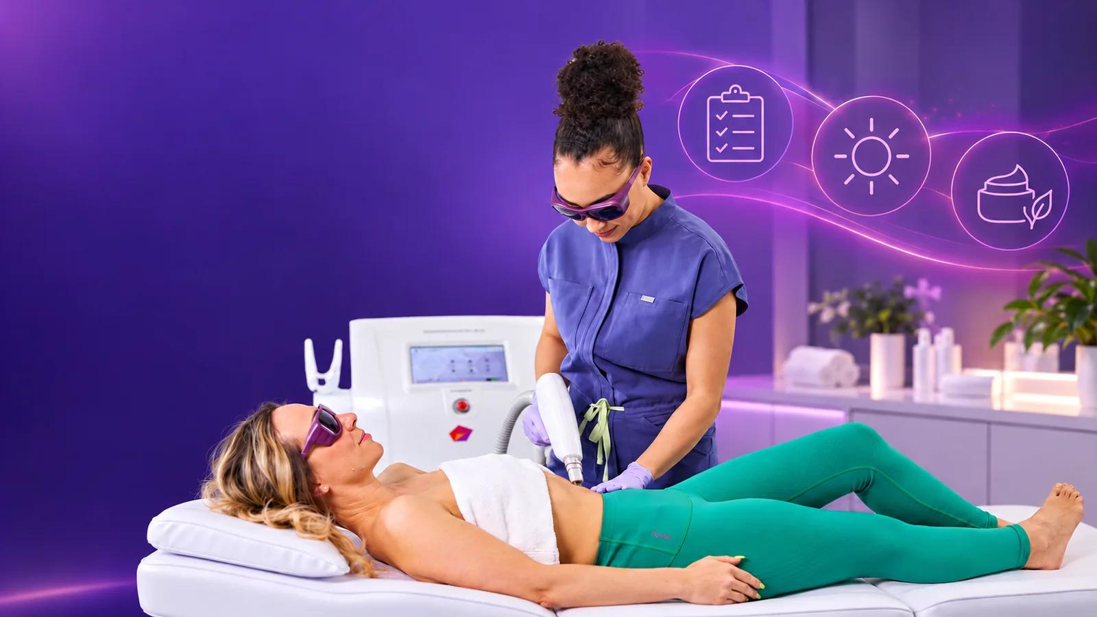 SharpLight practitioner preparing a client for an abdominal light-based treatment in a violet clinic, with icons for consultation, sun protection and gentle skincare.