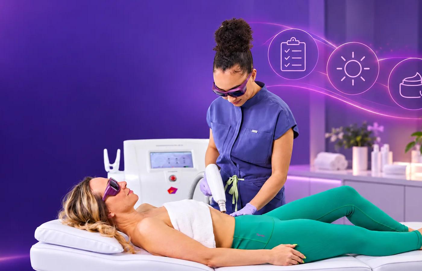 SharpLight practitioner preparing a client for an abdominal light-based treatment in a violet clinic, with icons for consultation, sun protection and gentle skincare.