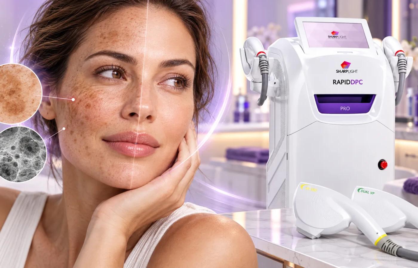 Woman with visible facial sun damage beside a SharpLight Rapid DPC Pro and its SR 580 and Dual VP handpieces.