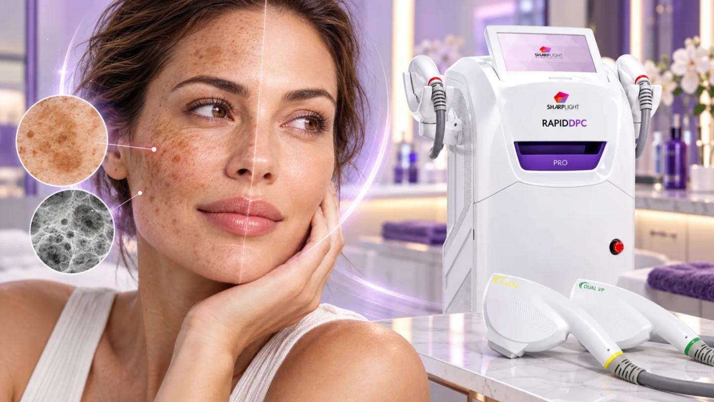 Woman with visible facial sun damage beside a SharpLight Rapid DPC Pro and its SR 580 and Dual VP handpieces.