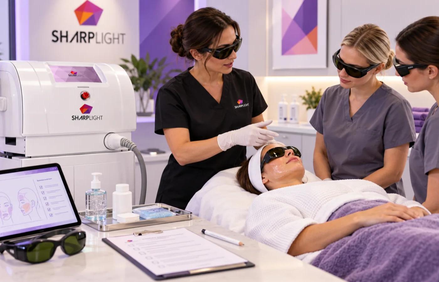 SharpLight clinical trainer demonstrates a facial treatment as two practitioners observe beside a SharpLight system with protective eyewear and training materials.