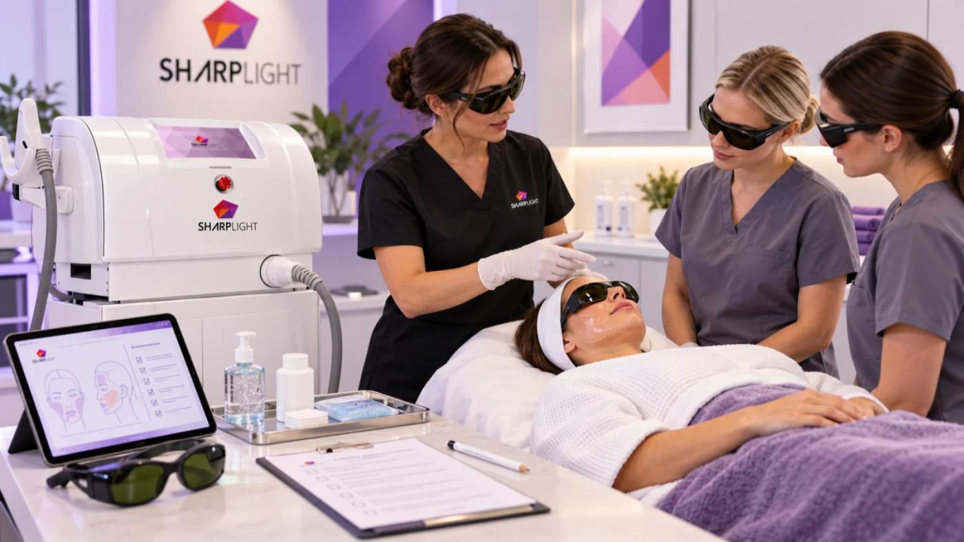 SharpLight clinical trainer demonstrates a facial treatment as two practitioners observe beside a SharpLight system with protective eyewear and training materials.